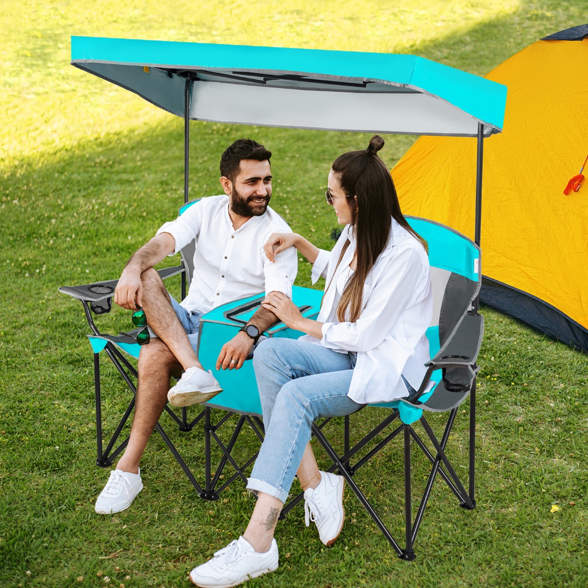 2-Sitzer Campingstuhl mit Sonnenschutz Mini-Tisch klappbarer Angelstuhl mit Tragetasche 166 x 71 x 151 cm Türkis