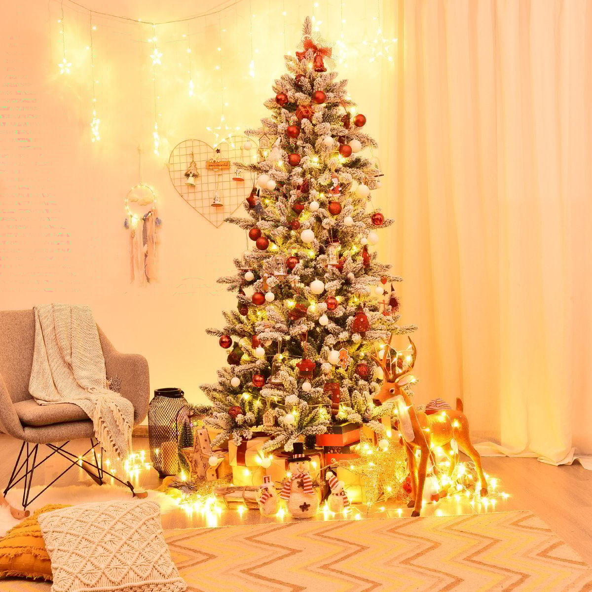 210 cm Künstlicher Schneebedeckter Bleistift Weihnachtsbaum mit Kiefernzapfen Grün + Weiß