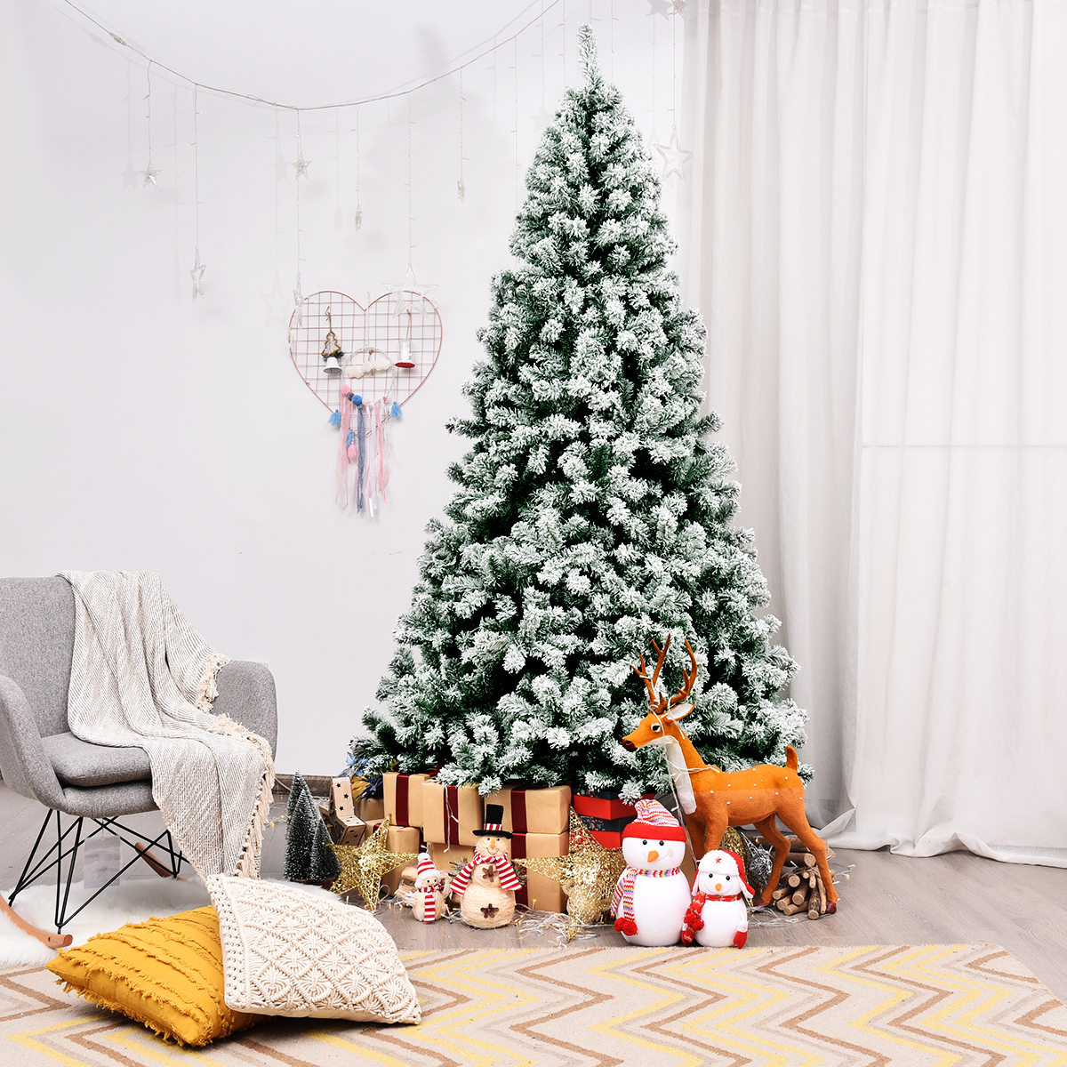 225 cm beleuchteter schneebedeckter Weihnachtsbaum mit klappbarer Metallständer Grün + Weiß