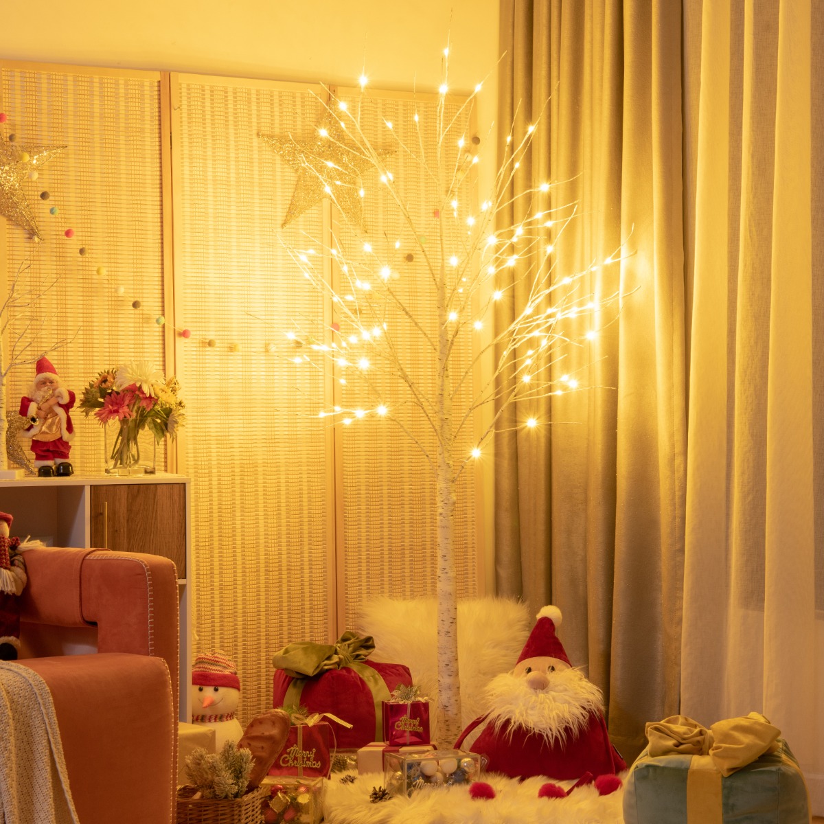 180 cm künstlicher Birkenbaum mit 48 warmweißen LED-Lichtern für Weihnachten Weiß