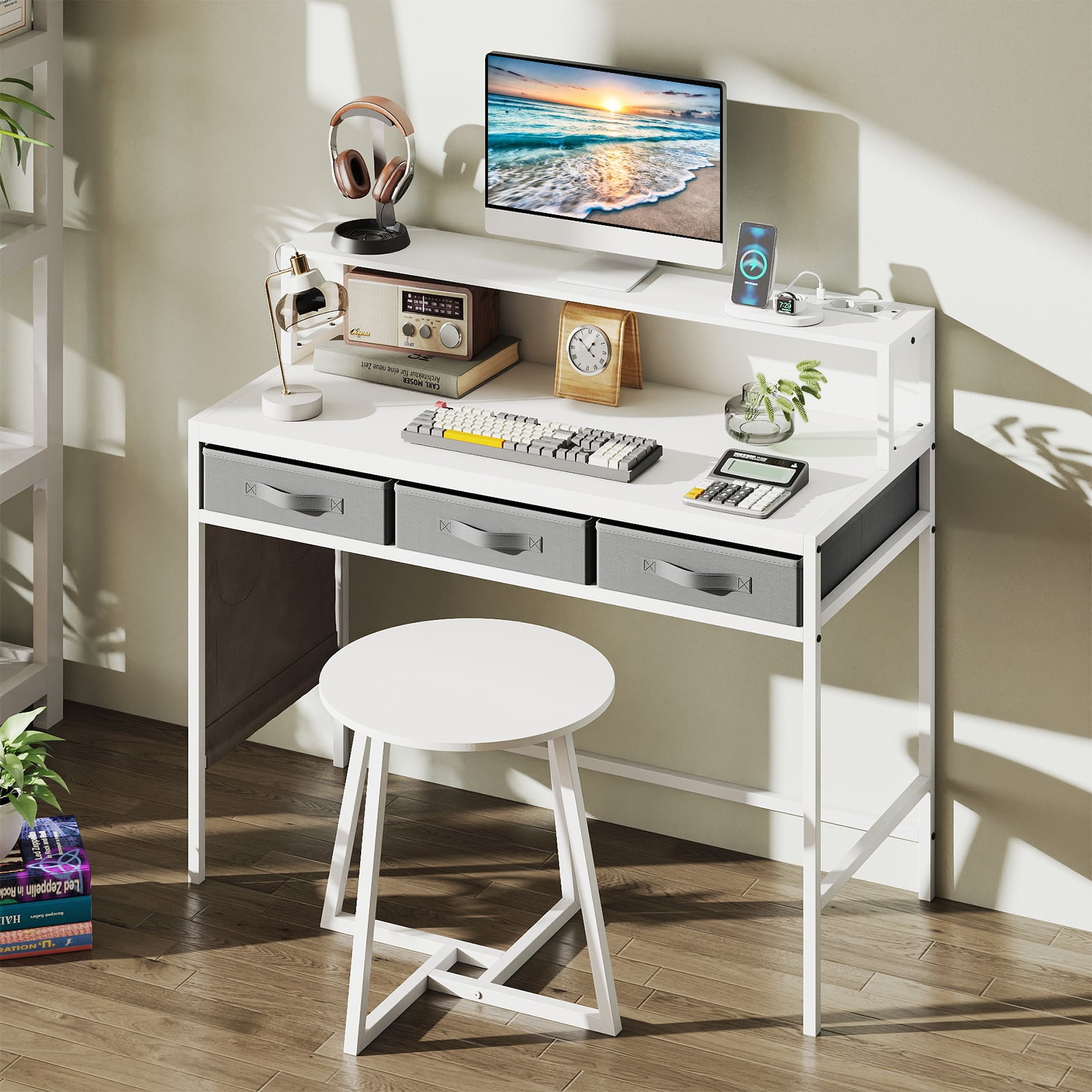 Computerschreibtisch mit Steckdosen Schminktisch und Hocker-Set mit Monitorständer Weiß