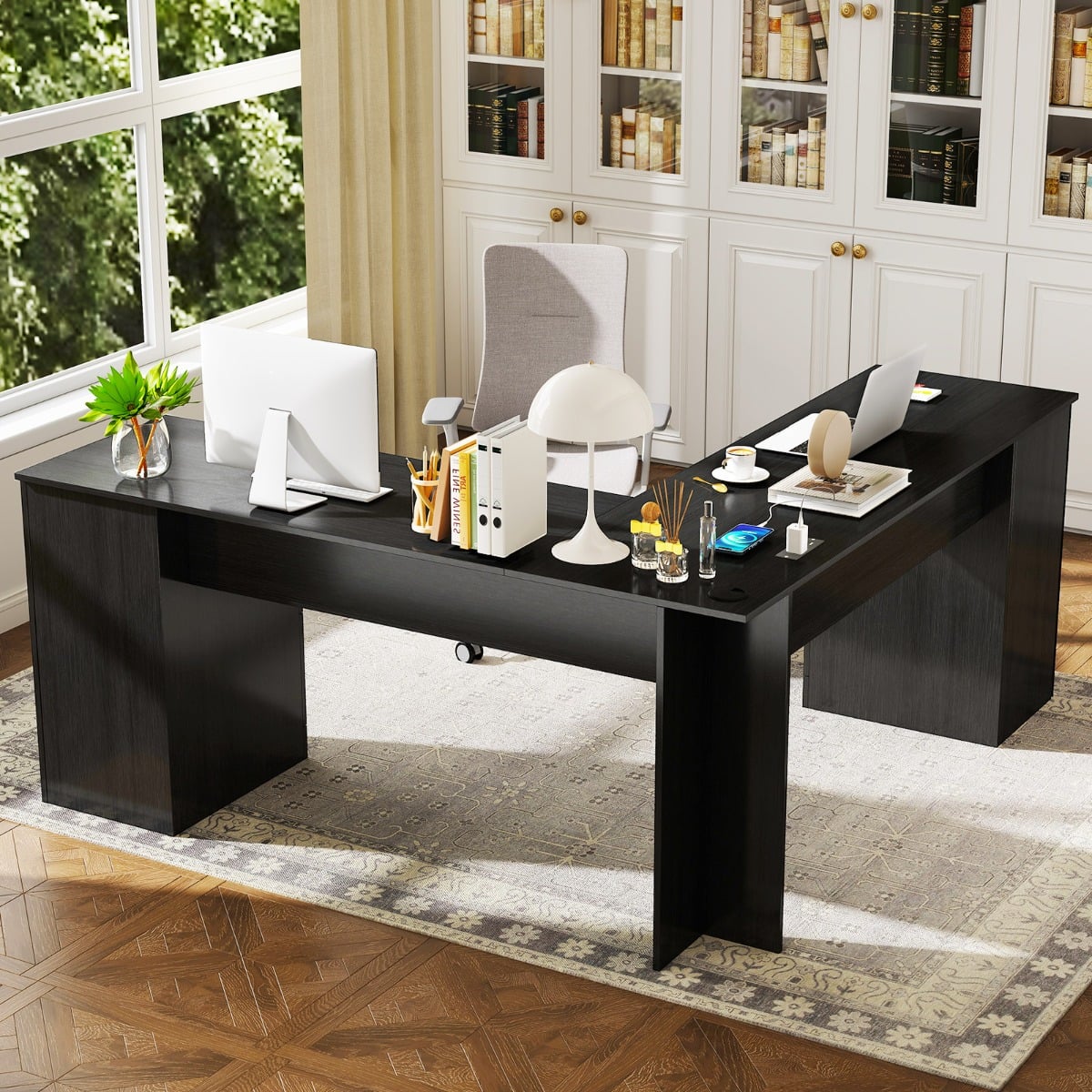 L-Form Schreibtisch mit Ladestation & Tastaturablage & 2 Schubladen Eckschreibtisch Schwarz