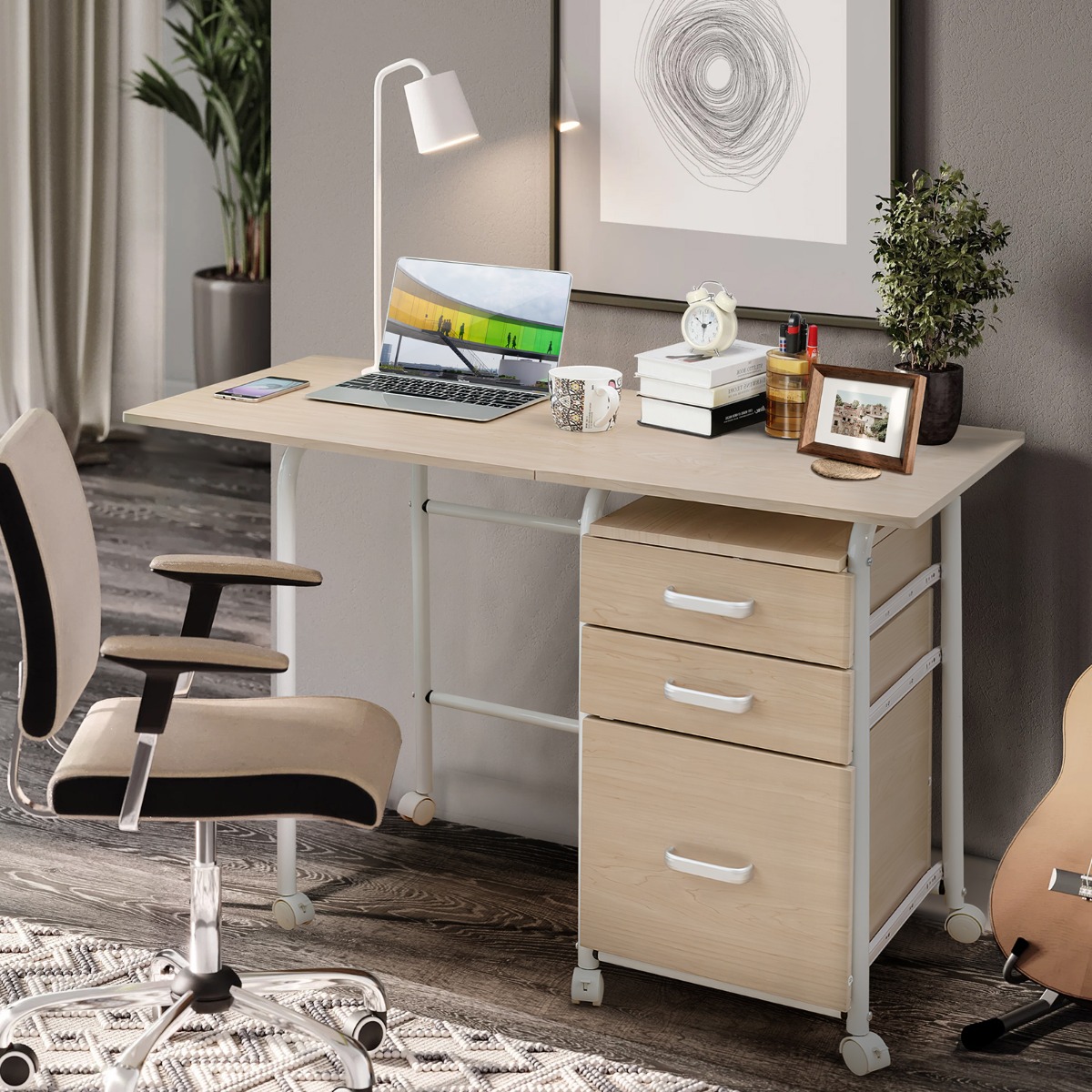 Klappbarer Computertisch mit 3 Schubladen Schreibtisch 105 x 50 x 75 cm Natur