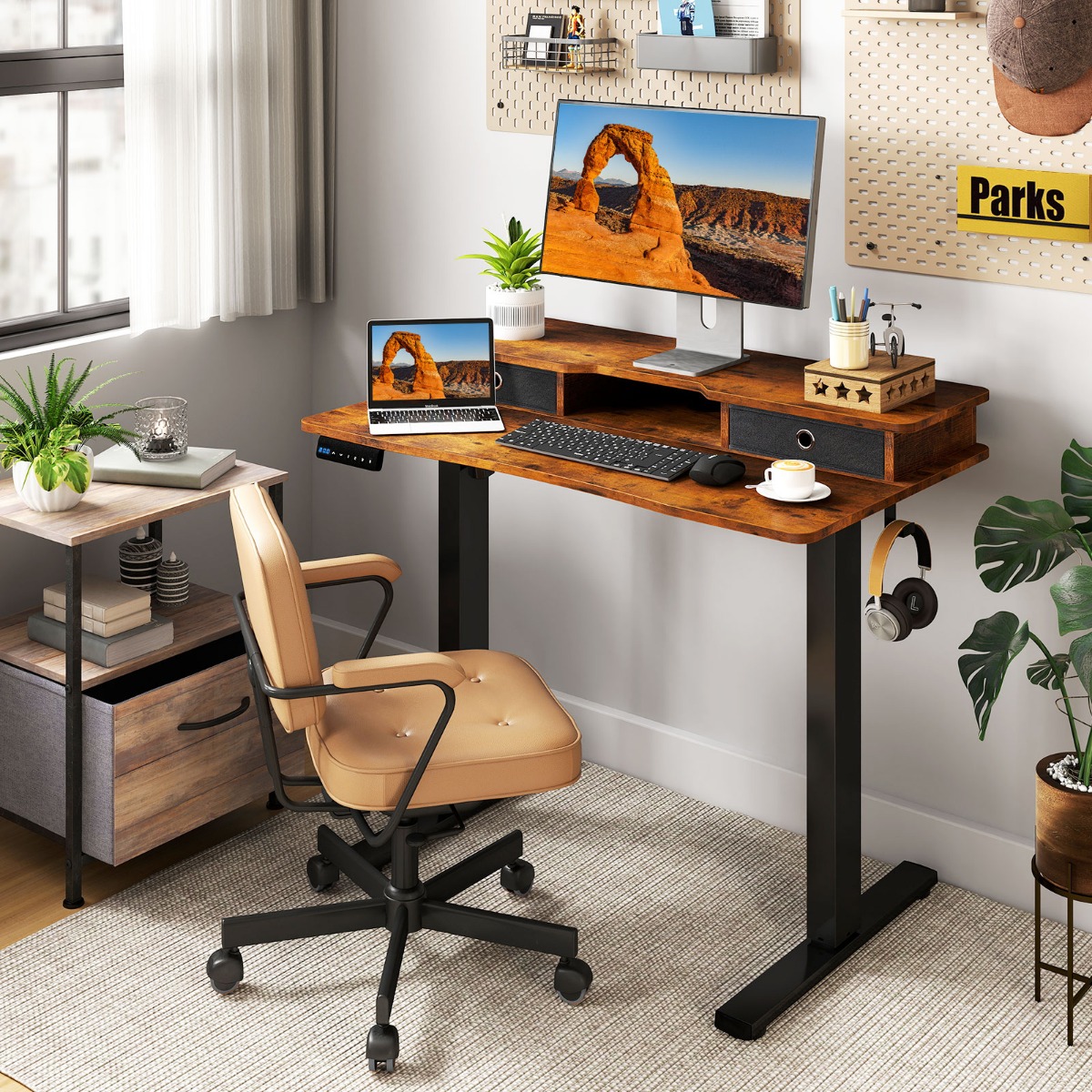 Schreibtisch höhenverstellbar elektrischer Computertisch Stehschreibtisch mit Monitorständer 100 x 60 cm Braun
