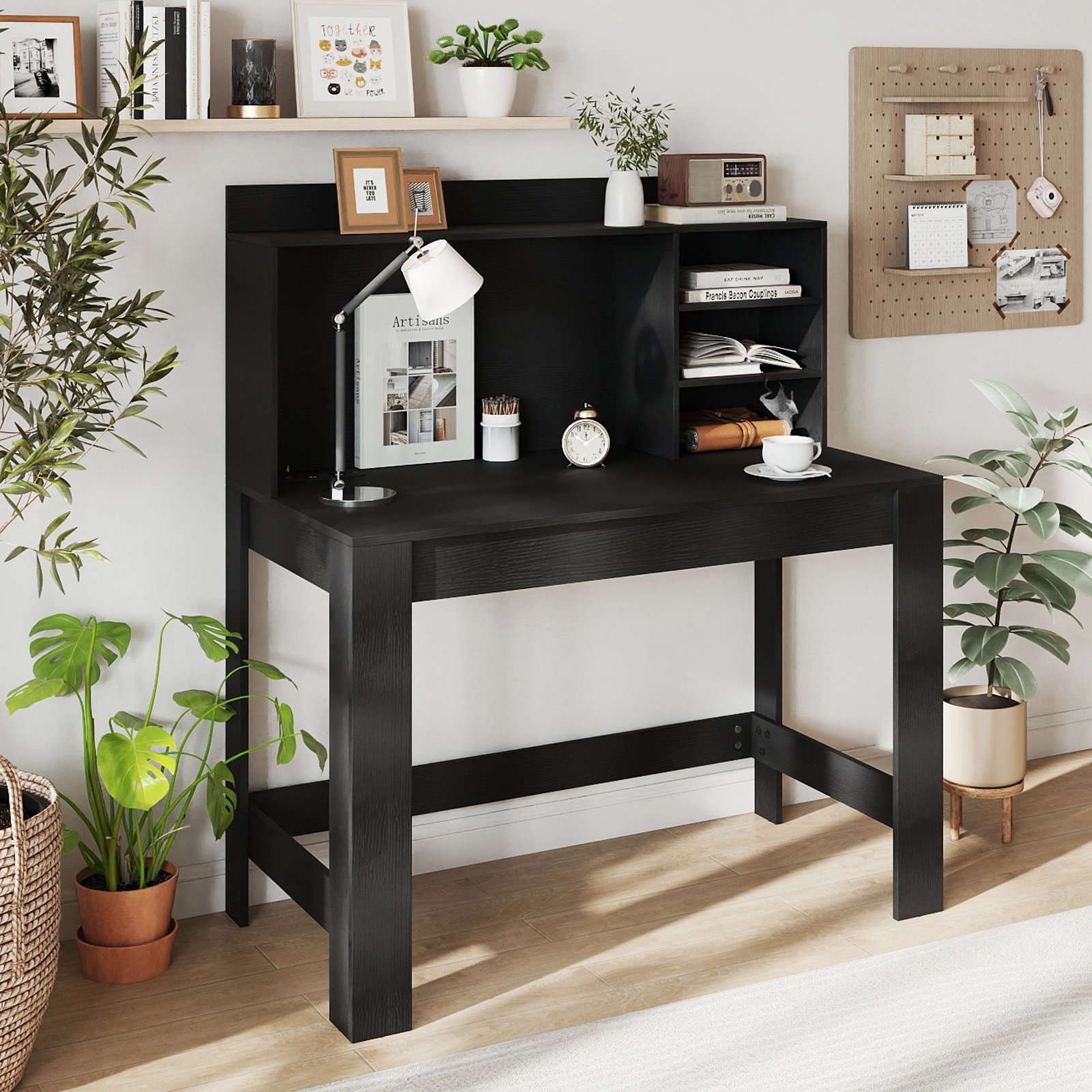 Computertisch mit Aufsatzschrank Bürotisch mit Steckdosen & Kabeldurchführung moderner Schminktisch-Schreibtisch Schwarz