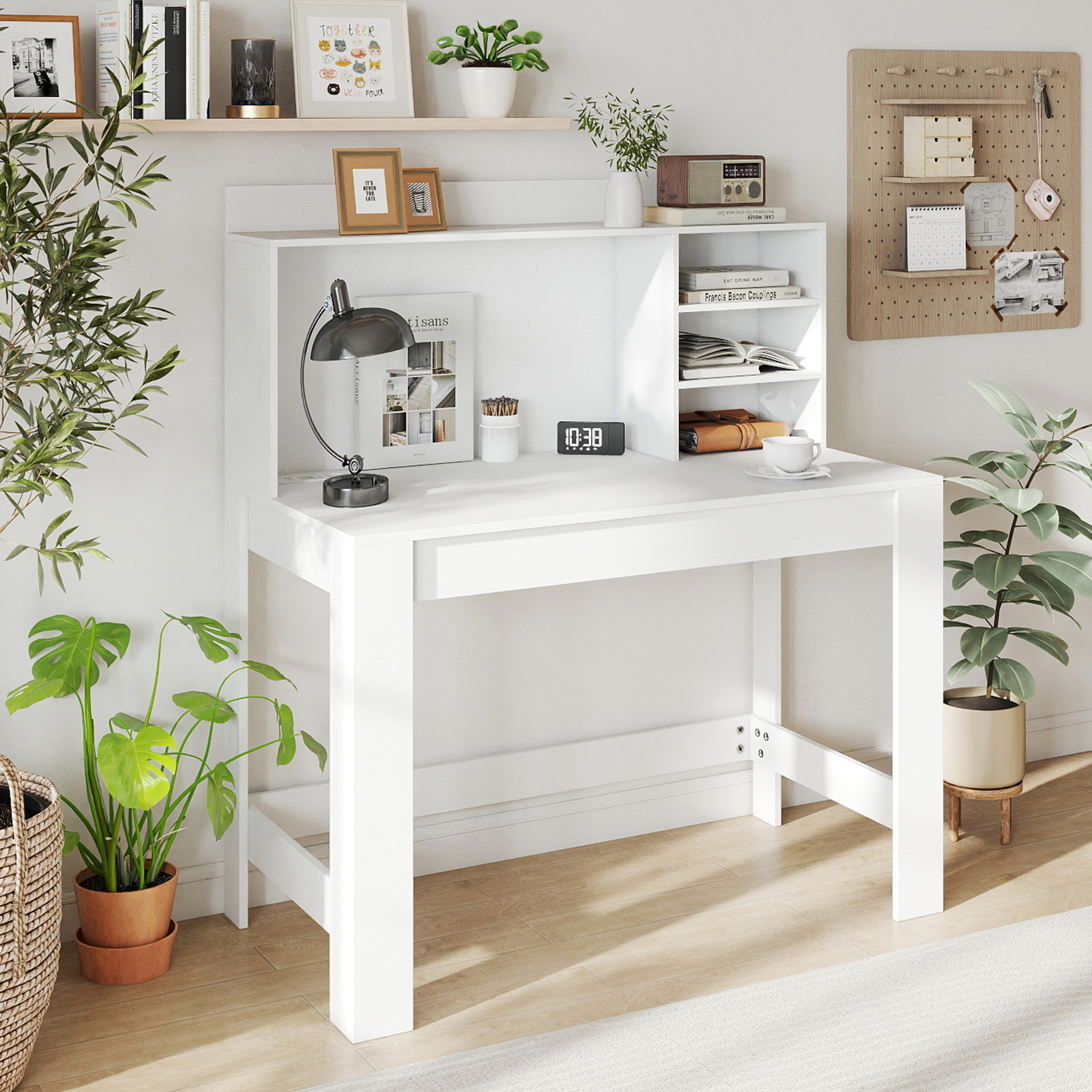 Computertisch mit Aufsatzschrank Bürotisch mit Steckdosen & Kabeldurchführung moderner Schminktisch-Schreibtisch Weiß