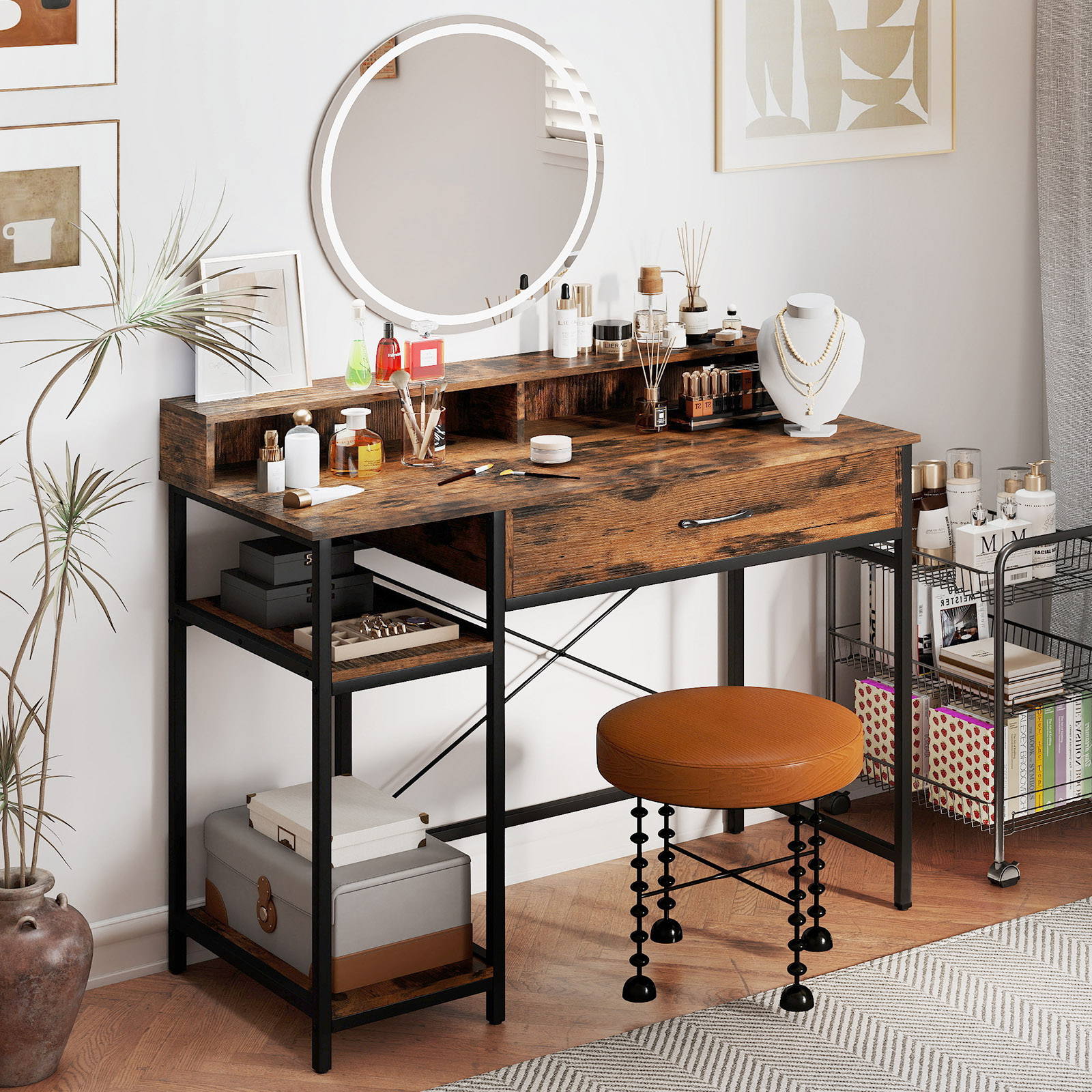 Computertisch mit Steckdosen Homeoffice-Schreibtisch mit Aufsatz Schublade & 2 offenen Regalen Rustikales Braun