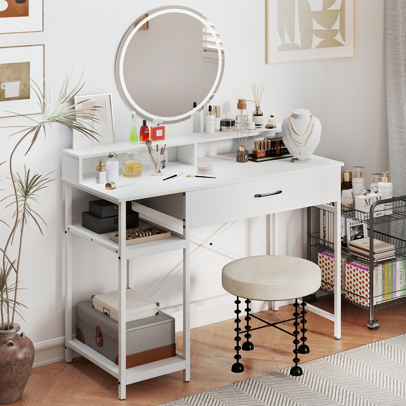 Computertisch mit Steckdosen Homeoffice-Schreibtisch mit Aufsatz Schublade & 2 offenen Regalen Weiß