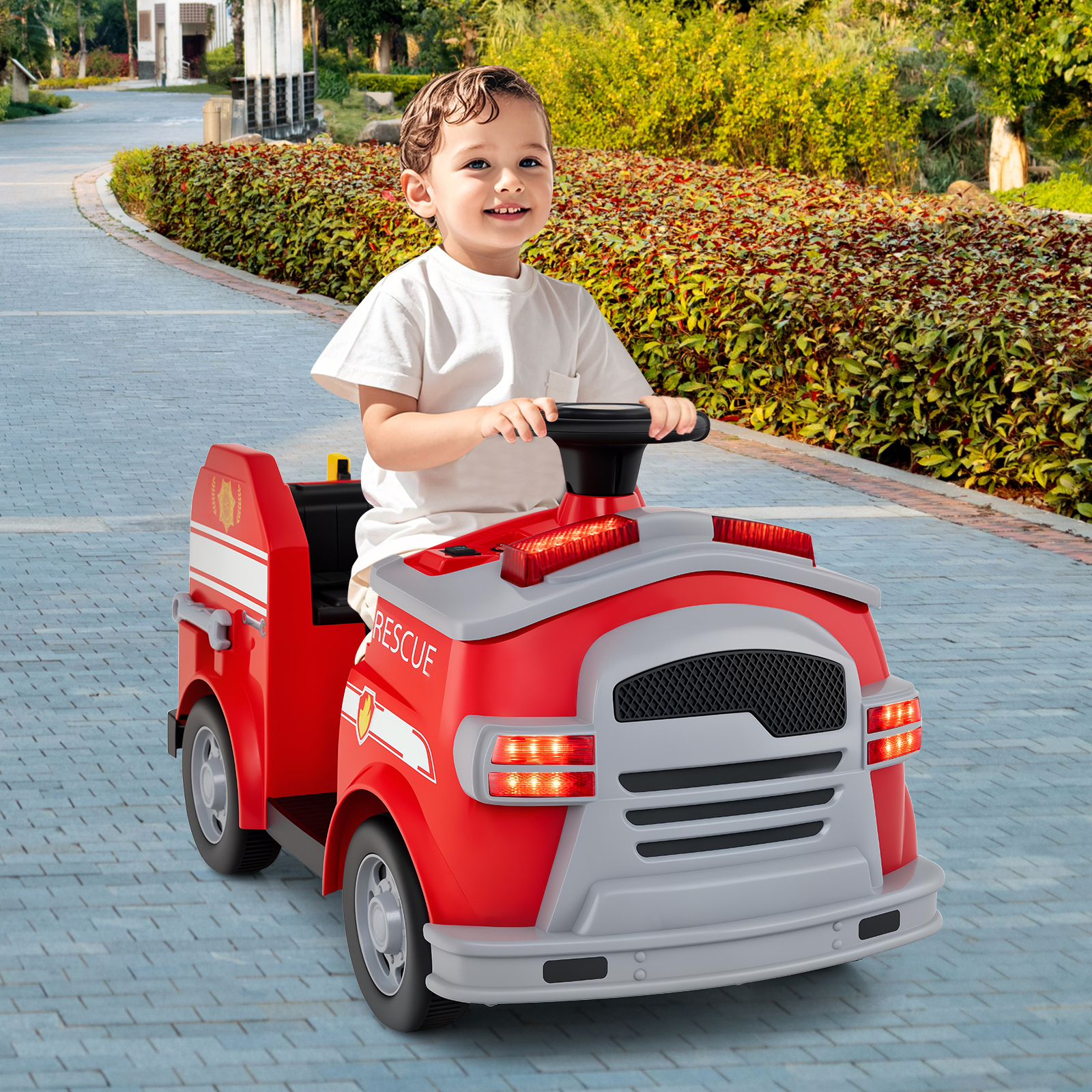 Kinder Feuerwehr Rutschauto 12V Feuerwehrauto mit Schaufel & Feuerlöscher Rutschfahrzeug Rot