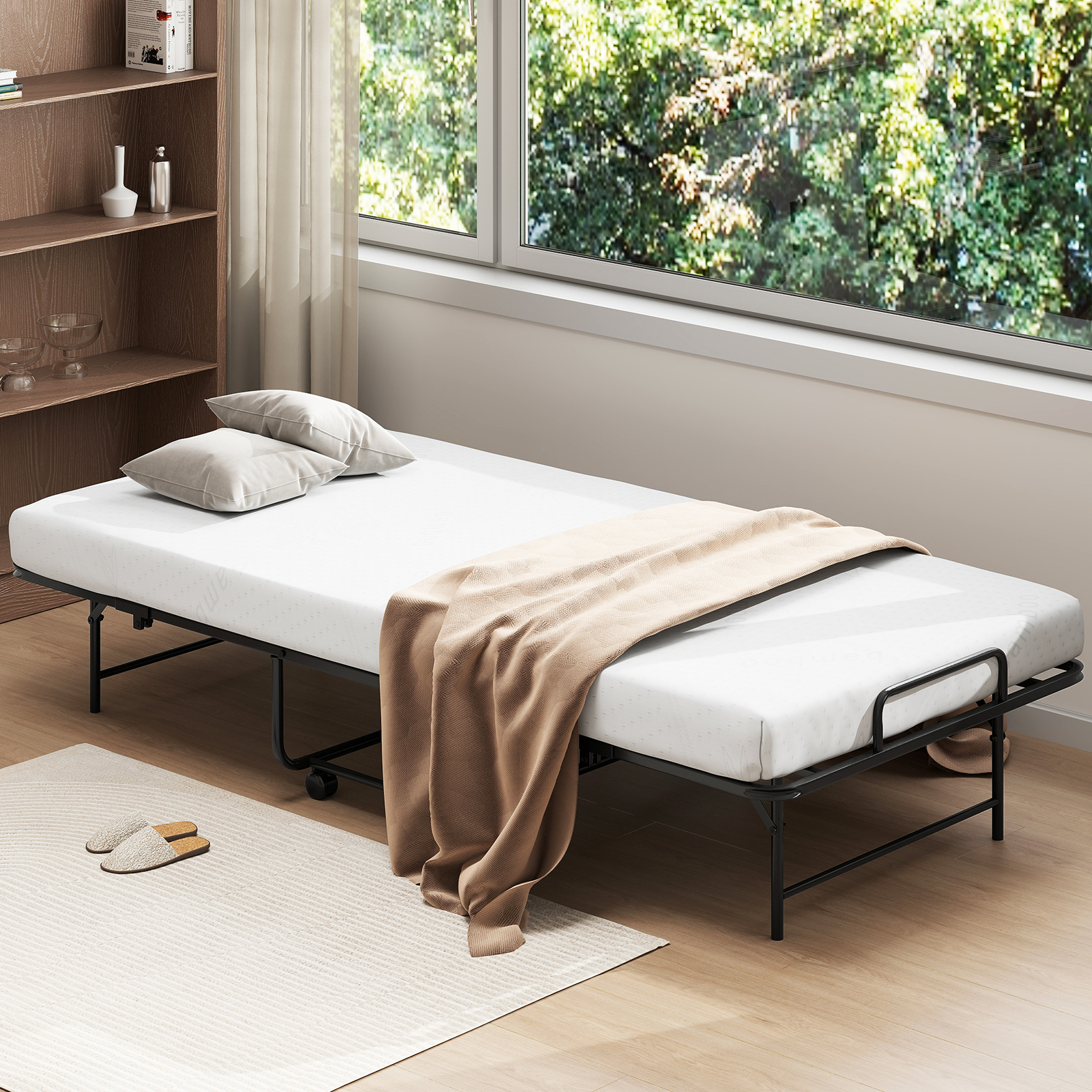 90 x 190 cm Gästebett mit Matratze Klappbares Einzelbett Stabiler Metallbett bis 220 kg belastbar Tragbares Bett Weiß