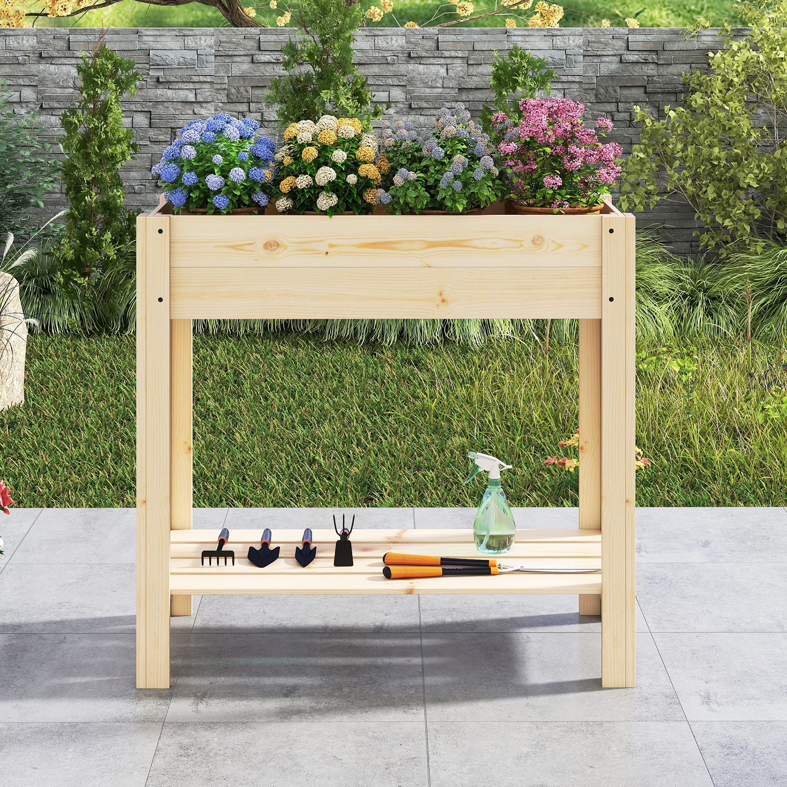 Hochbeet mit Ablage Erhöhtes Gartenbeet aus Holz Pflanzkasten mit Entwässerung 81 x 37 x 77 cm Natur