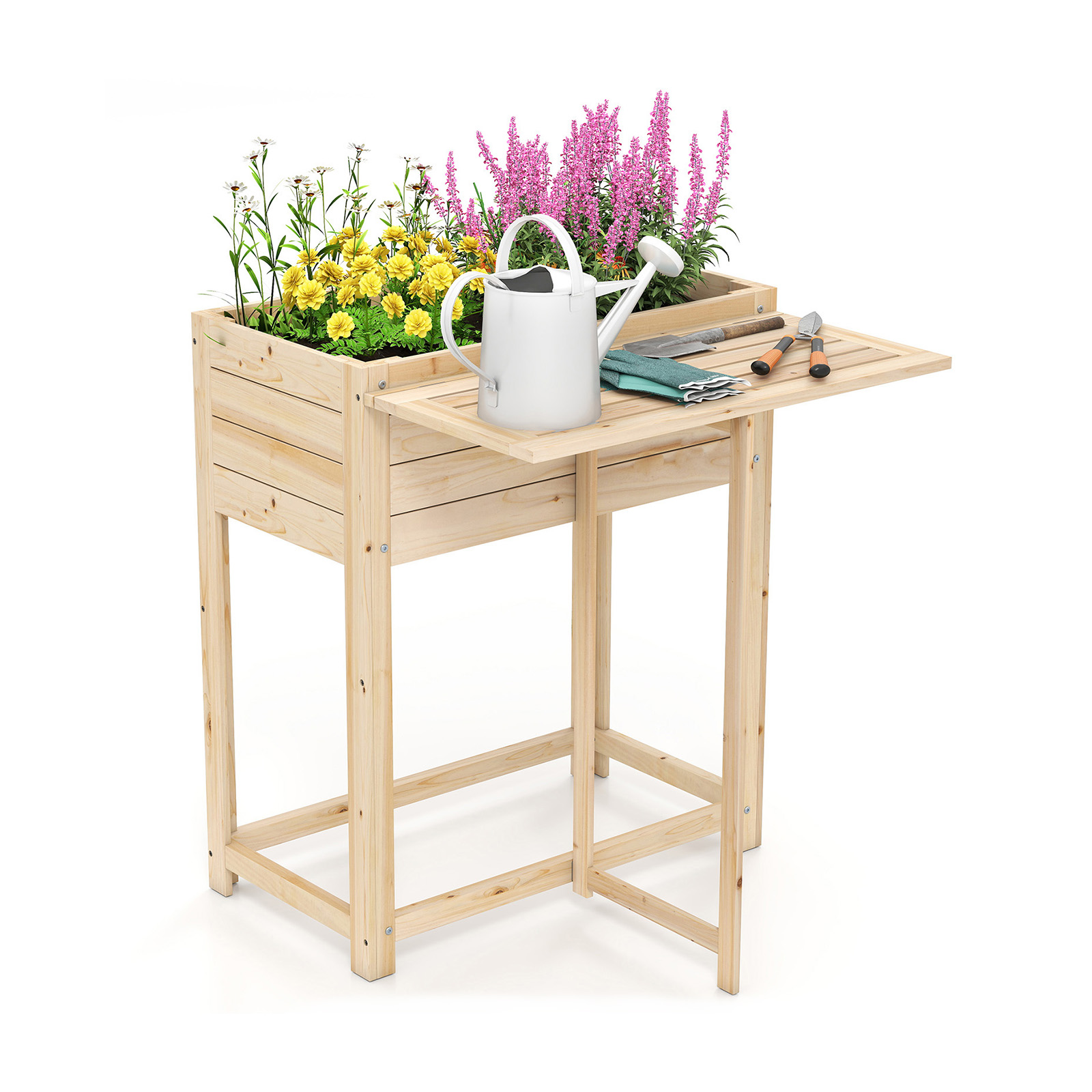 Hochbeet mit klappbarer Tischplatte Blumenkasten Holz mit Abflusslöchern 63 x 67 x 74 cm Natur