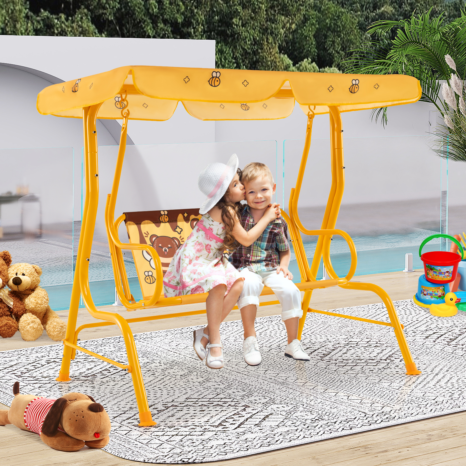 Kinder Hollywoodschaukel 2-Sitzer Kinderschaukel mit verstellbarem Sonnendach & Metallgestell Gelb