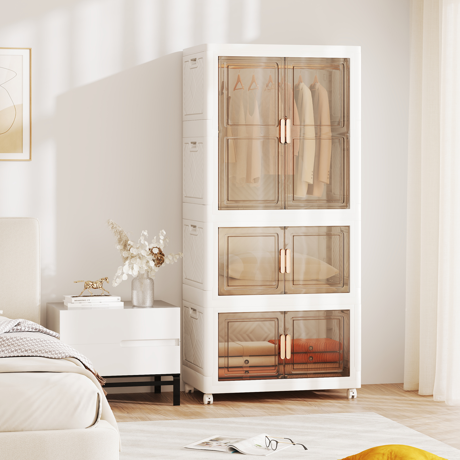 Kleiderschrank mit 10 Kleiderbügeln 421L Garderobenschrank klappbar Mehrzweckschrank mit Rollen freie Kombination 71 x 46 x 156 cm