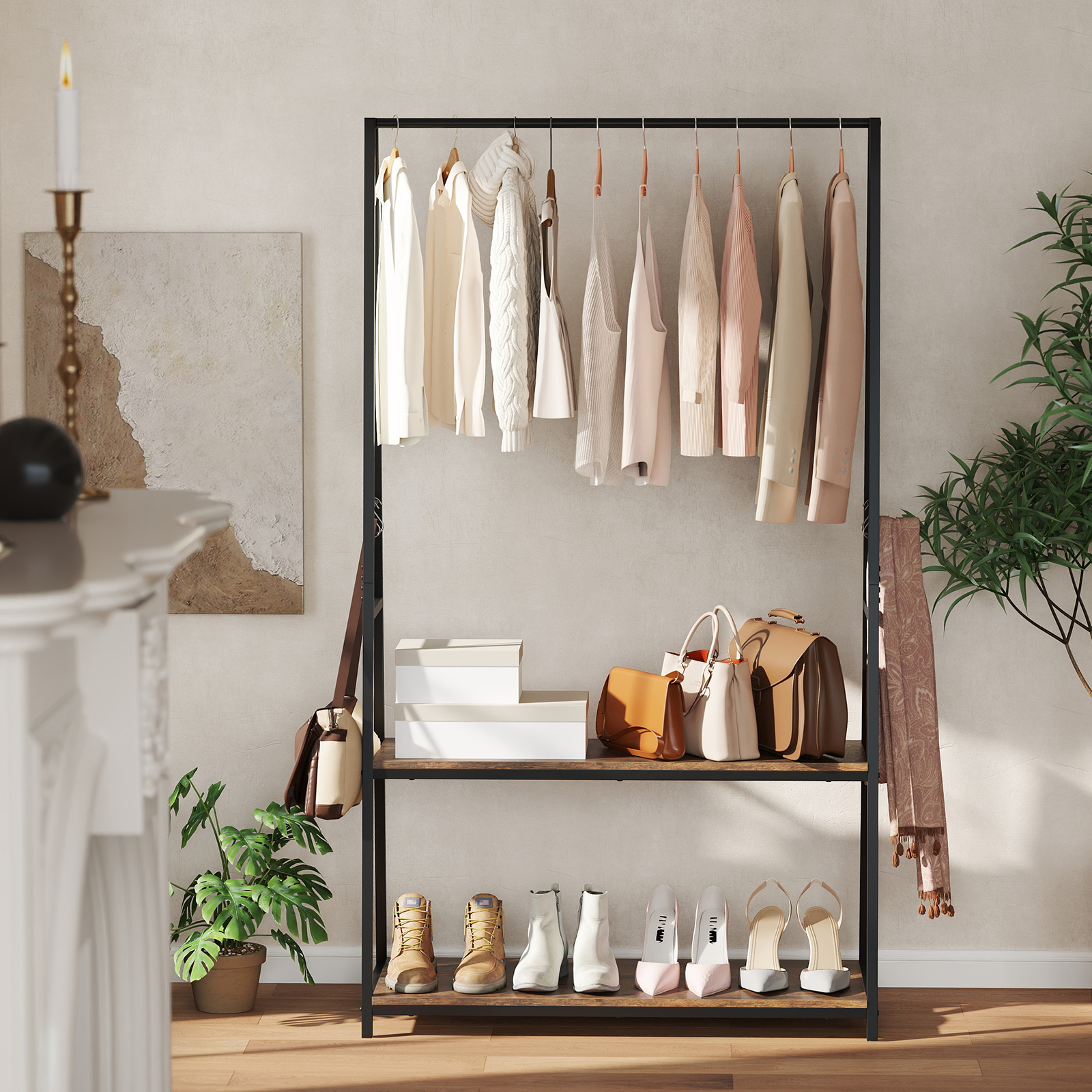 Kleiderständer freistehende Garderobe mit 2 Regalen & stabiler Kleiderstange Braun