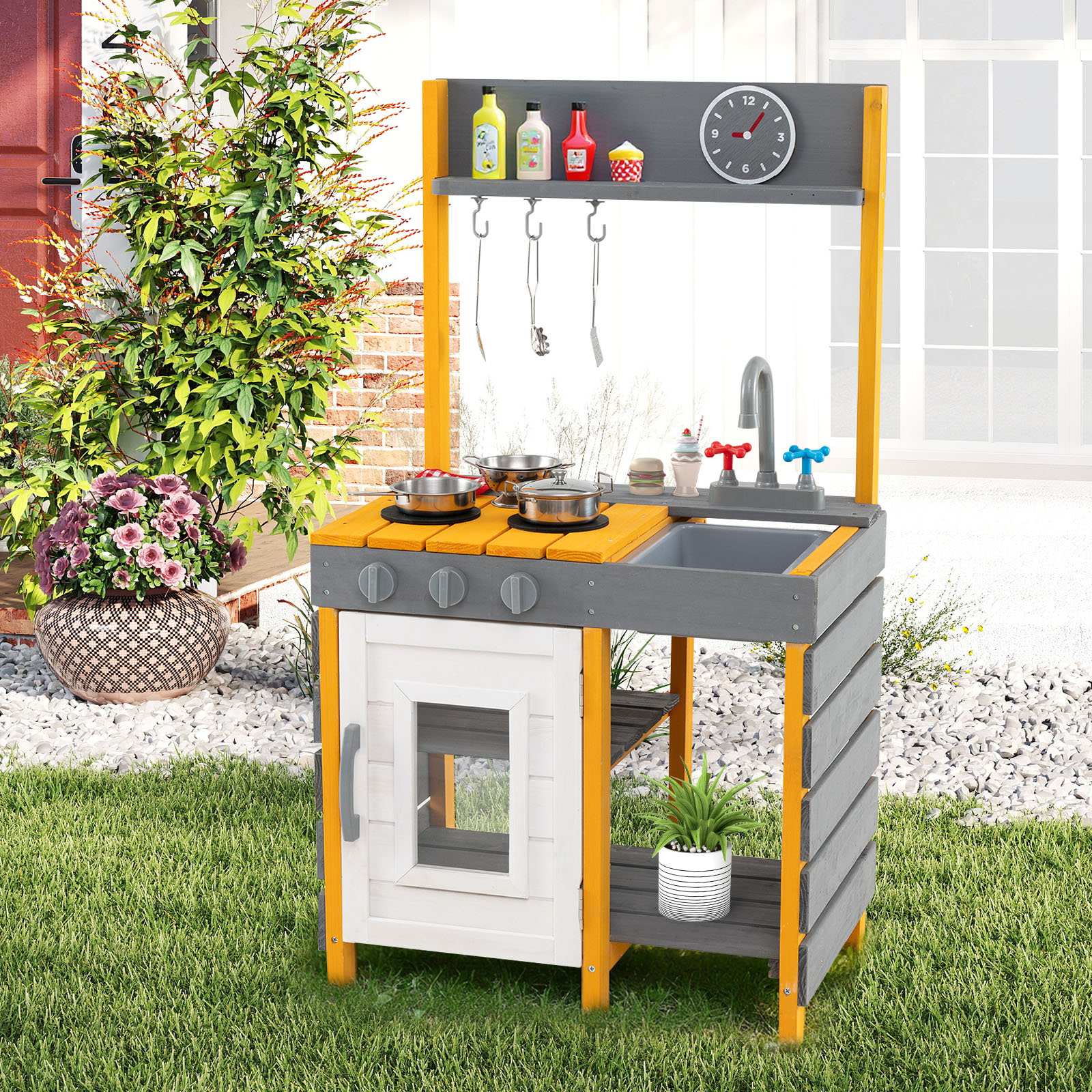 Matschküche Kinder Outdoor Spielküche mit Herd & Abnehmbarer Spüle & Wasserhahn Outdoor Kinderküche