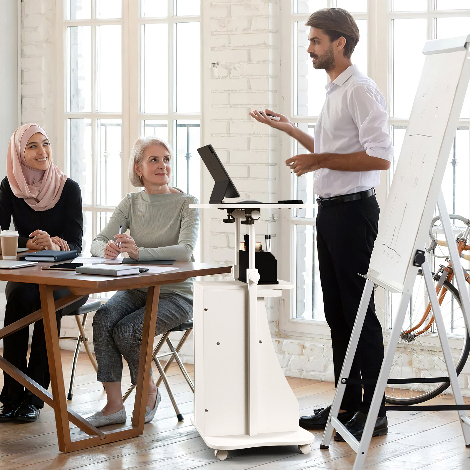 Mobiler Computertisch zum Stehen oder Sitzen mit Neigbarer Tischplatte & Schrank für das Heimbüro Weiß