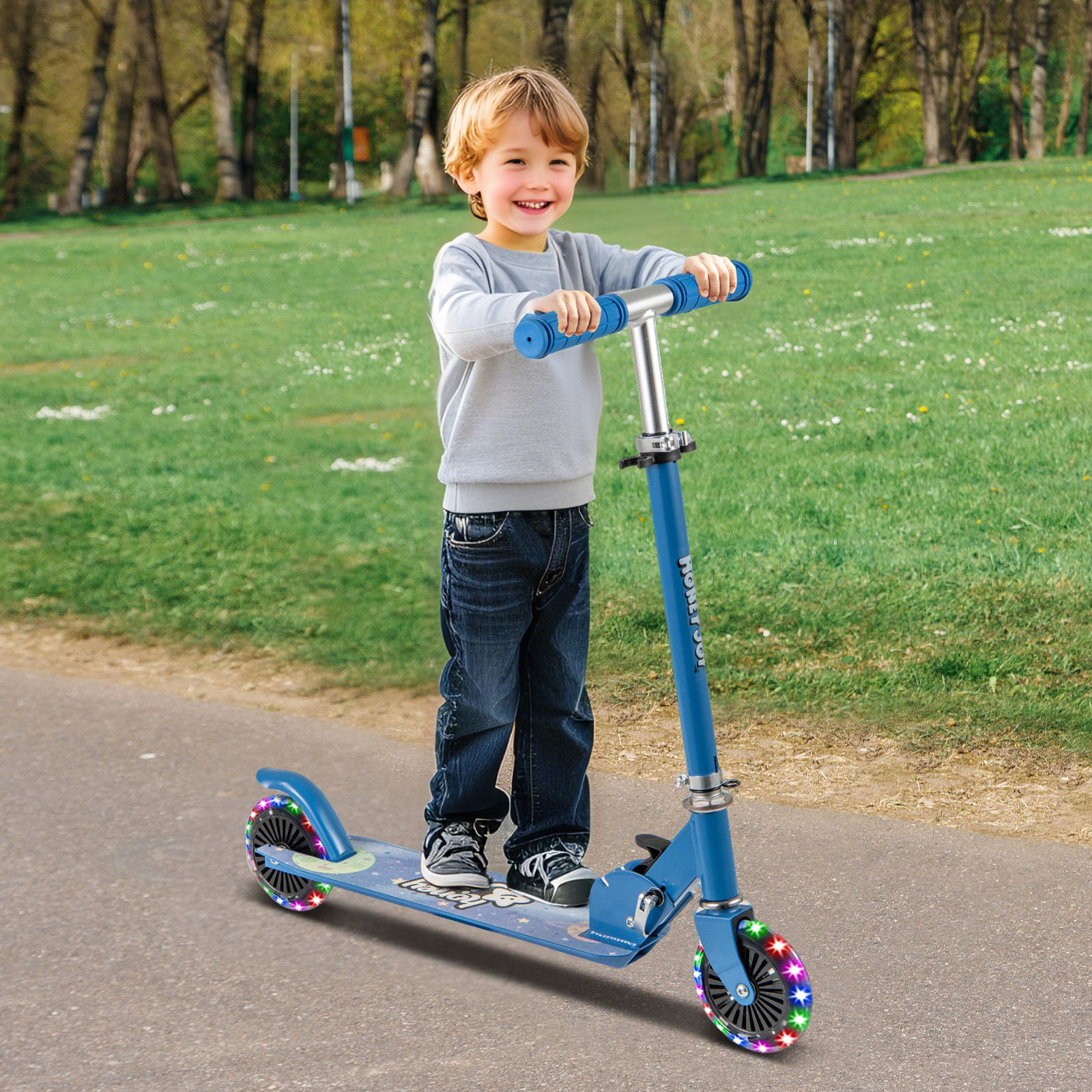 Roller Kinder klappbar Kinderroller mit LED-Räder Lenker Ständer & Tragegurt Scooter Blau