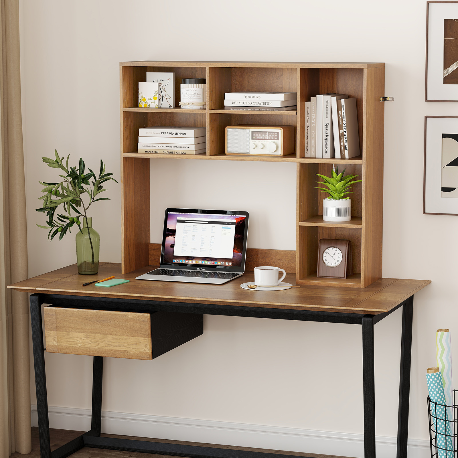 Schreibtischregal Tischregal mit 7 Fächern Schreibtisch Aufsatzregal für Monitore bis zu 27' 94 x 25 x 79 cm Natur