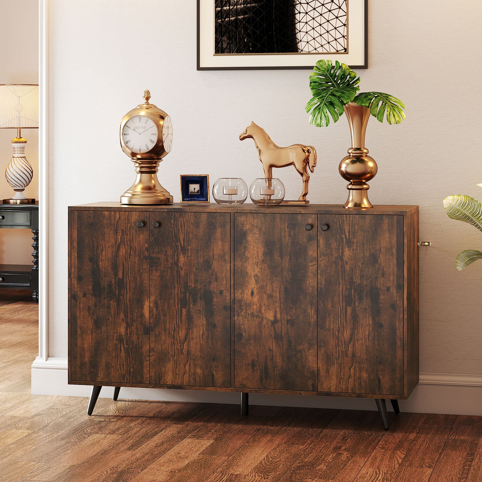 Sideboard Holz Kommode mit 4 Türen & 5-fach verstellbare Ablagen 127,5 x 38 x 80 cm Braun