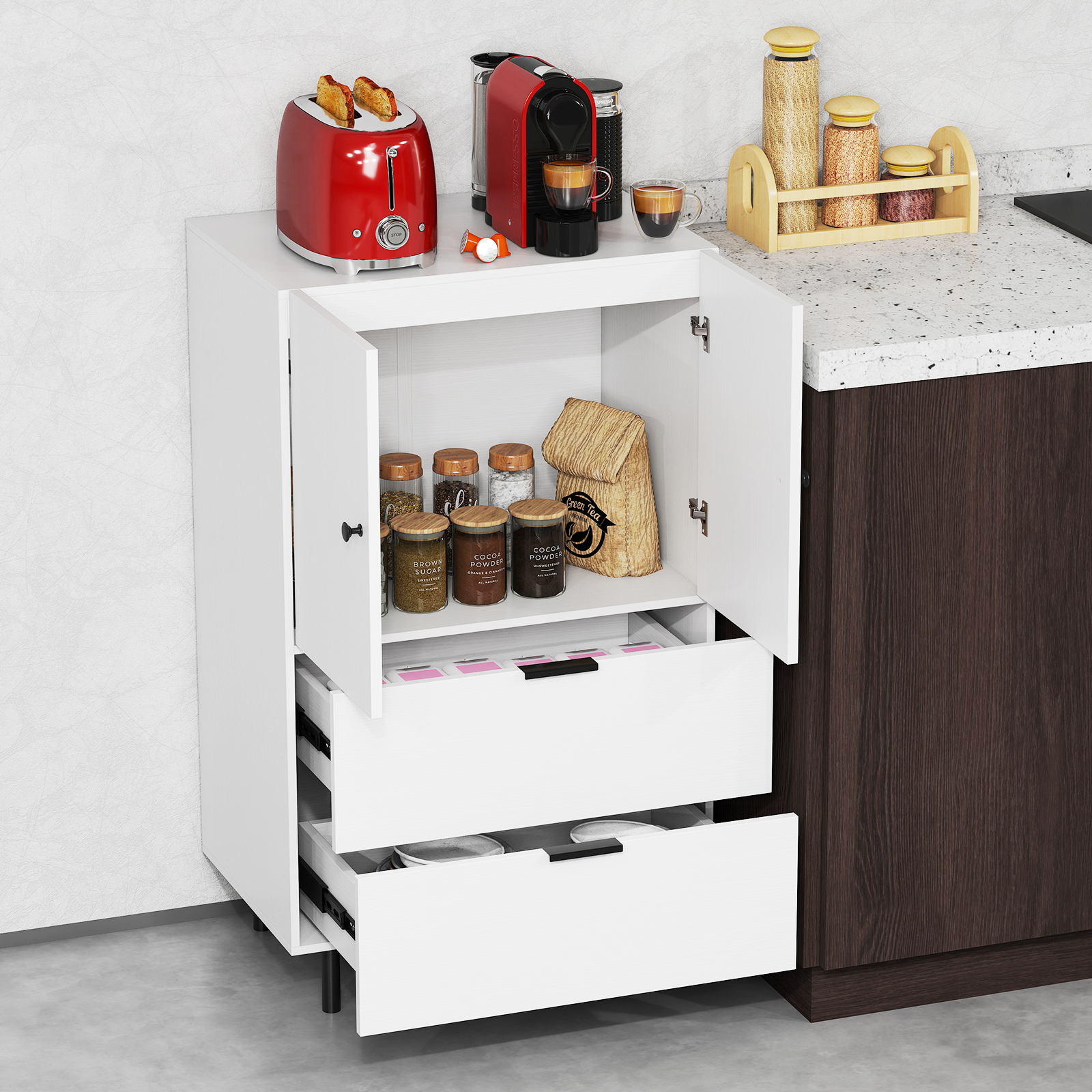 Sideboard Holz mit Metallbeinen Buffetschrank Servierschrank mit Schubladen & Türen 60 x 41,5 x 102 cm Weiß