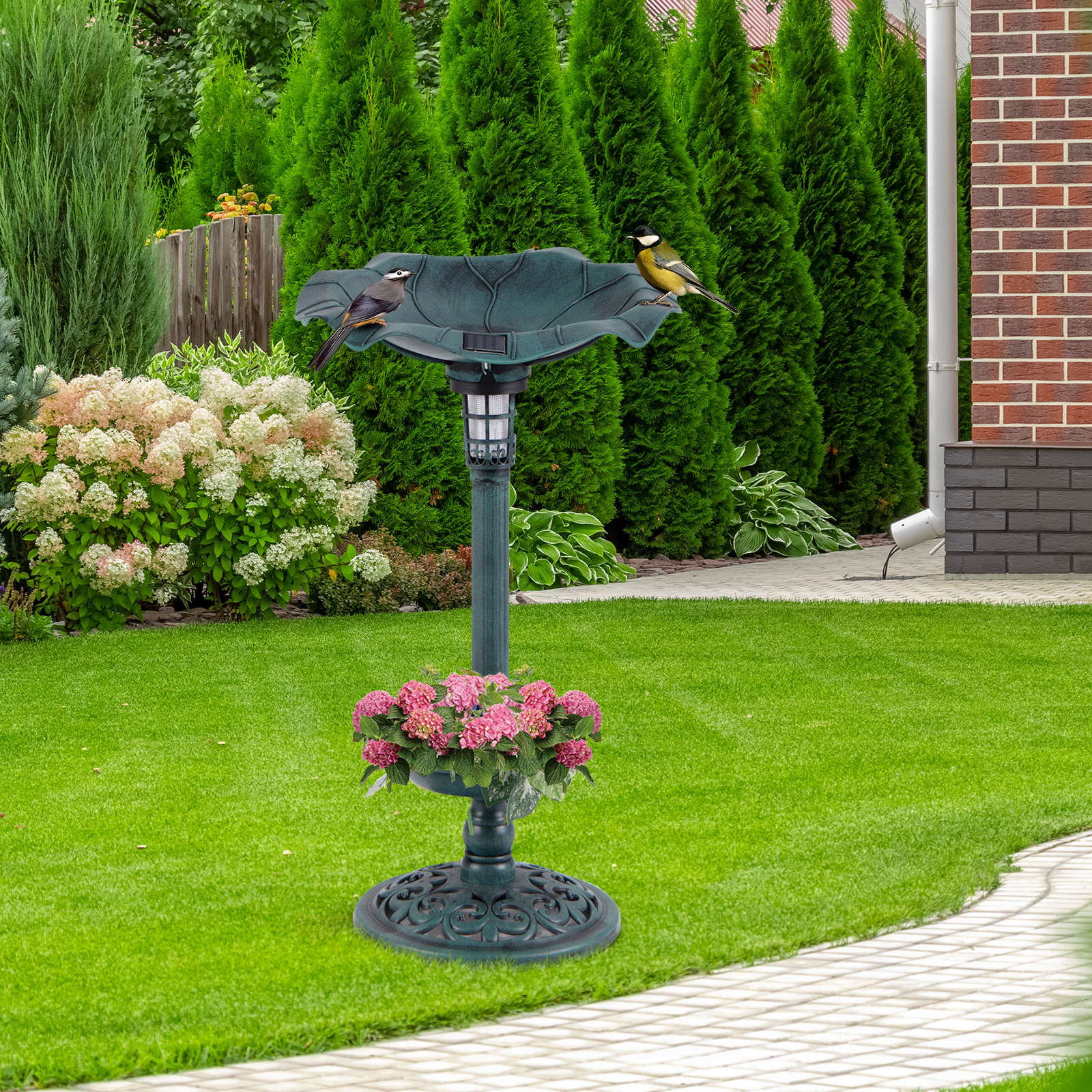 Retro Vogeltränke mit Solarleuchte Blumentopf Vogelfutterhaus & Ständer Vogelfutterstation Grün
