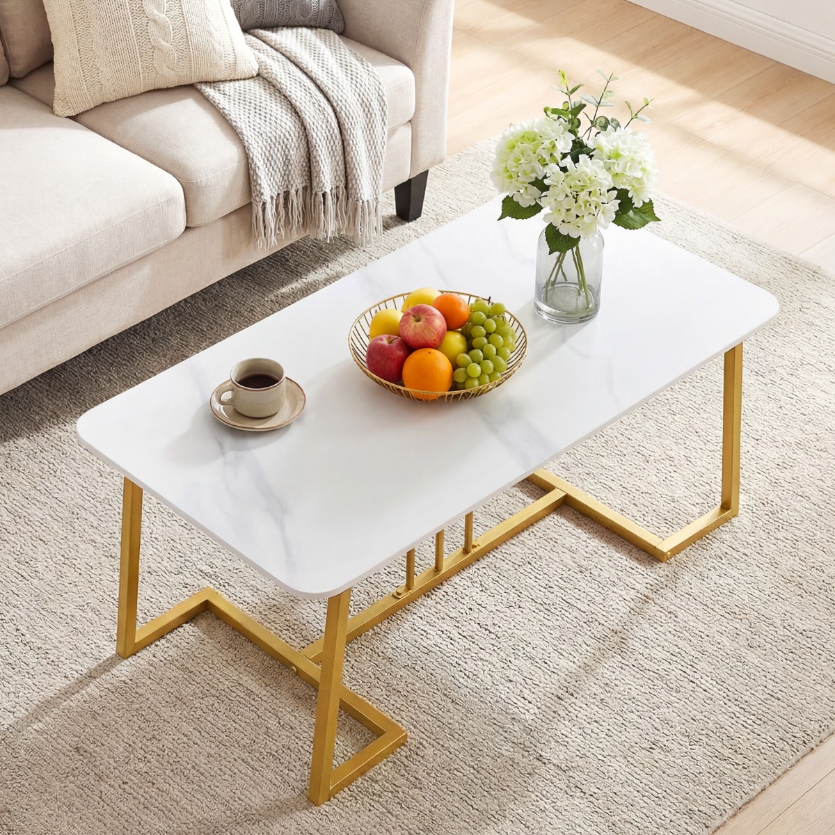 Couchtisch Kunstmarmor 90 cm Metallrahmen Rutschfest Modern Beistelltisch Weiß Gold