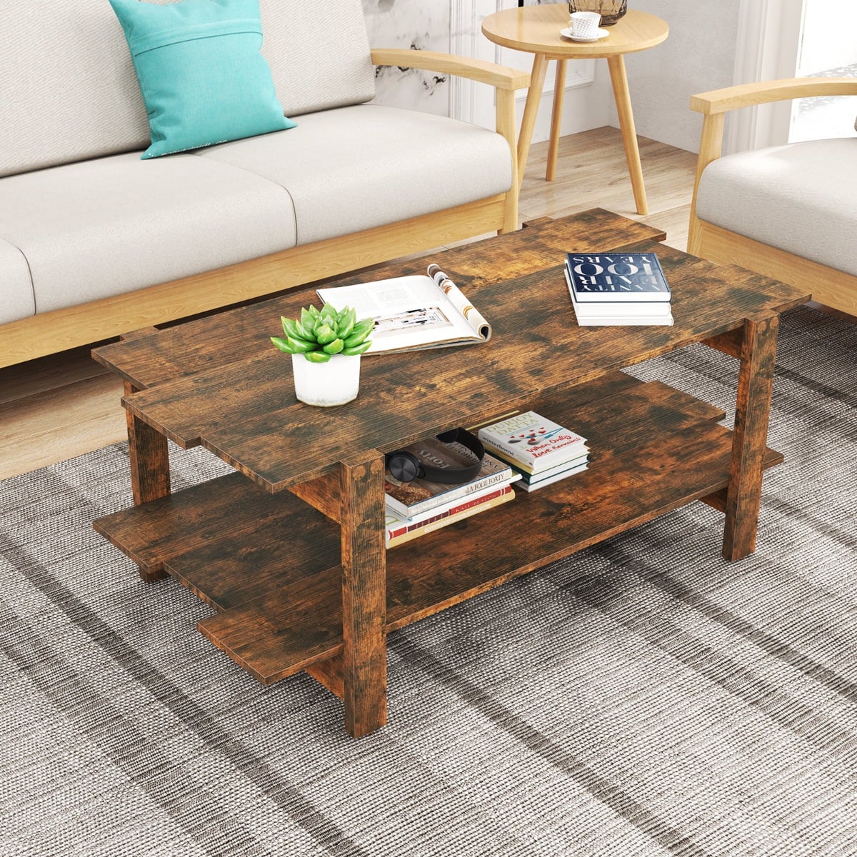 2 Stufiger Couchtisch mit Ablage Kaffeetisch Rechteckiger Beistelltisch Akzenttisch Braun