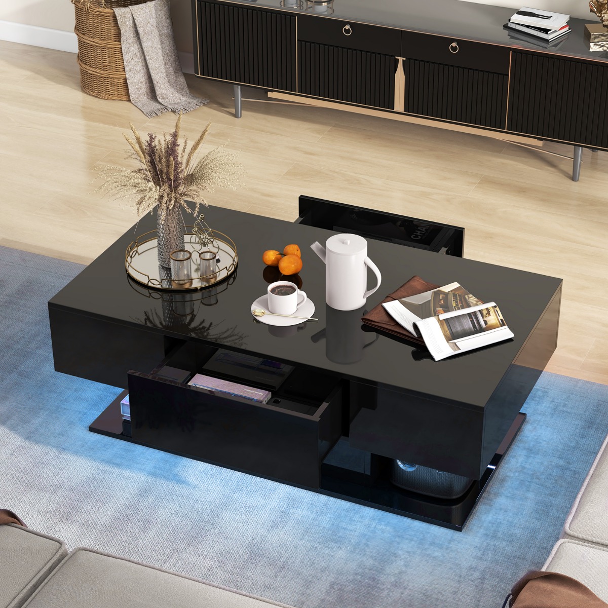 Couchtisch mit LED Beleuchtung Hochglanz 20 Farben Helligkeit einstellbar 110 x 60 x 40 cm Schwarz