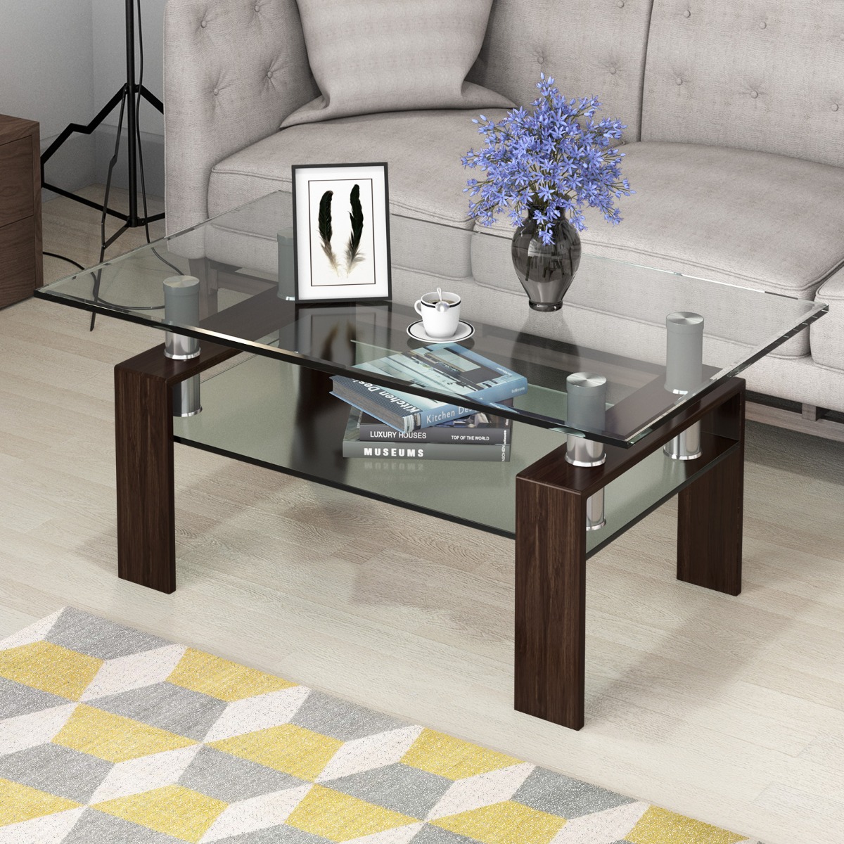 Couchtisch aus Glas Wohnzimmertisch mit unterer Ablage Sofatisch 99,5 x 59,5 x 44,5 cm Braun