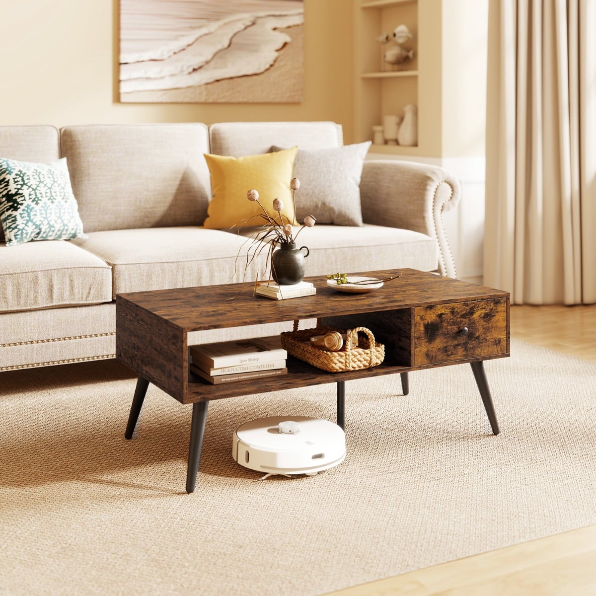 Couchtisch mit Schublade Stauraum offenes Fach Wohnzimmertisch 109 x 55 x 39,5 cm Rustikales Braun