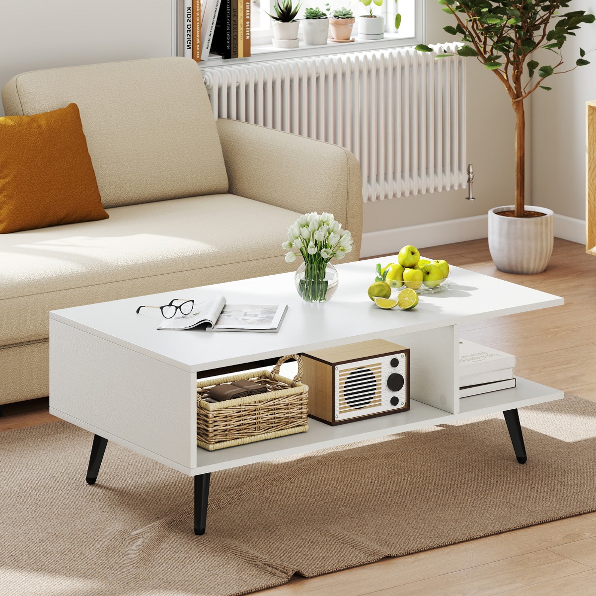 Couchtisch mit Stauraum 2 stufiger Wohnzimmertisch mit offenem Regal & Metallbeinen Beistelltisch aus Holz 80 x 45 x 30 cm Weiß