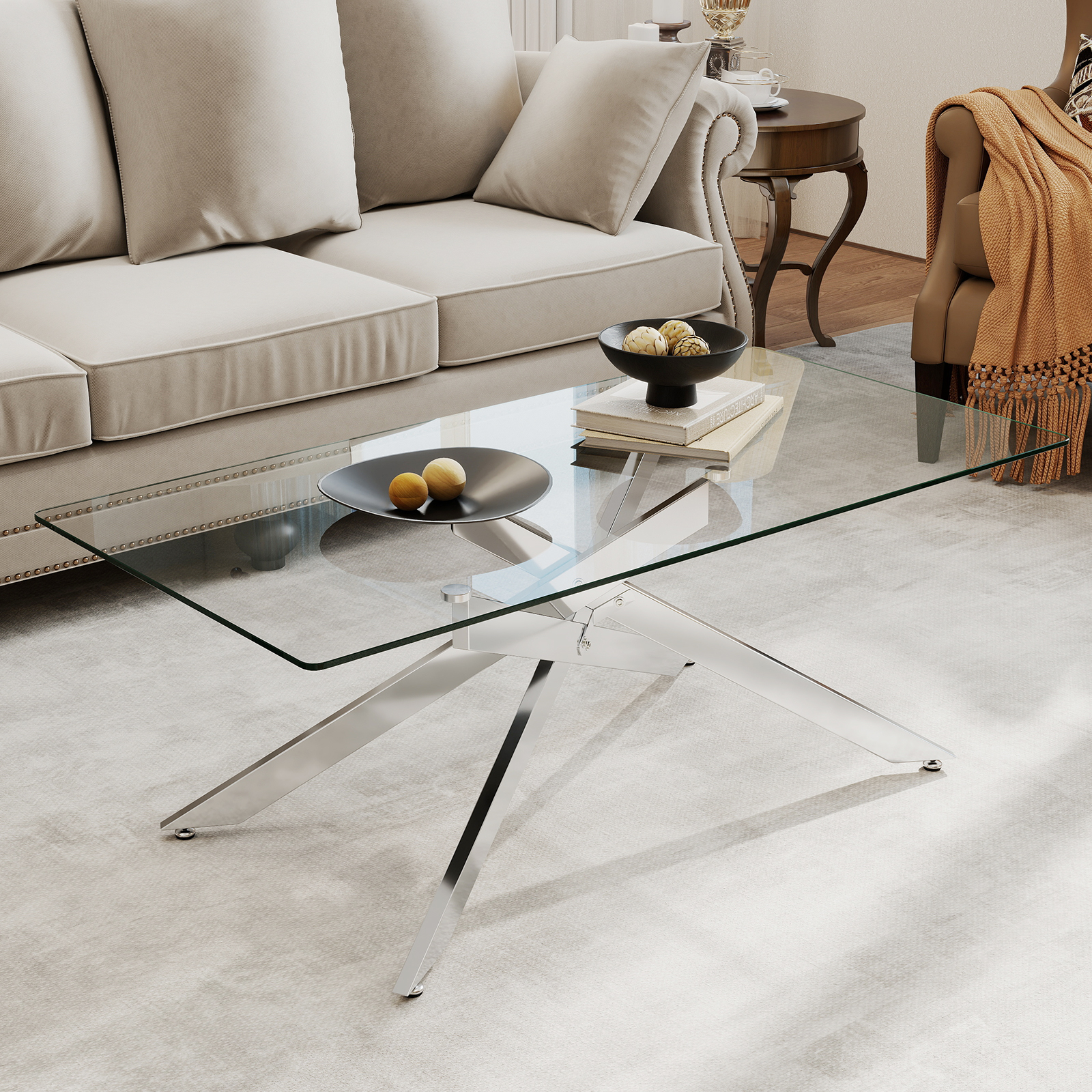 Couchtisch aus Gehärtetem Glas Rechteckiger Glastisch Moderner Kaffeetisch 120 x 60 x 45,5 cm Silber