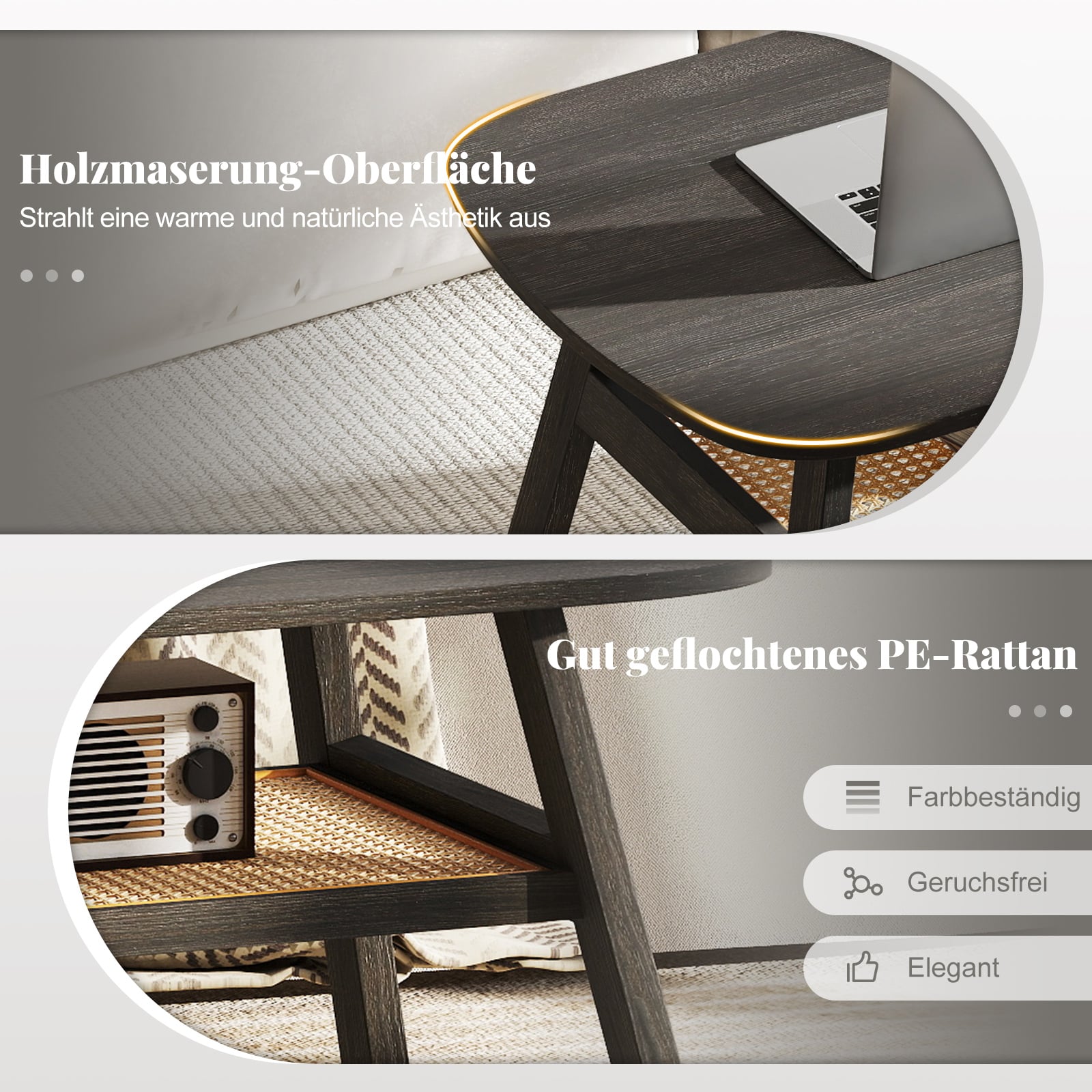 Couchtisch Holz Wohnzimmertisch mit Rattan-Ablage Beistelltisch 2 Ebenen Kaffeetisch rustikal 100 x 55 x 44,5 cm