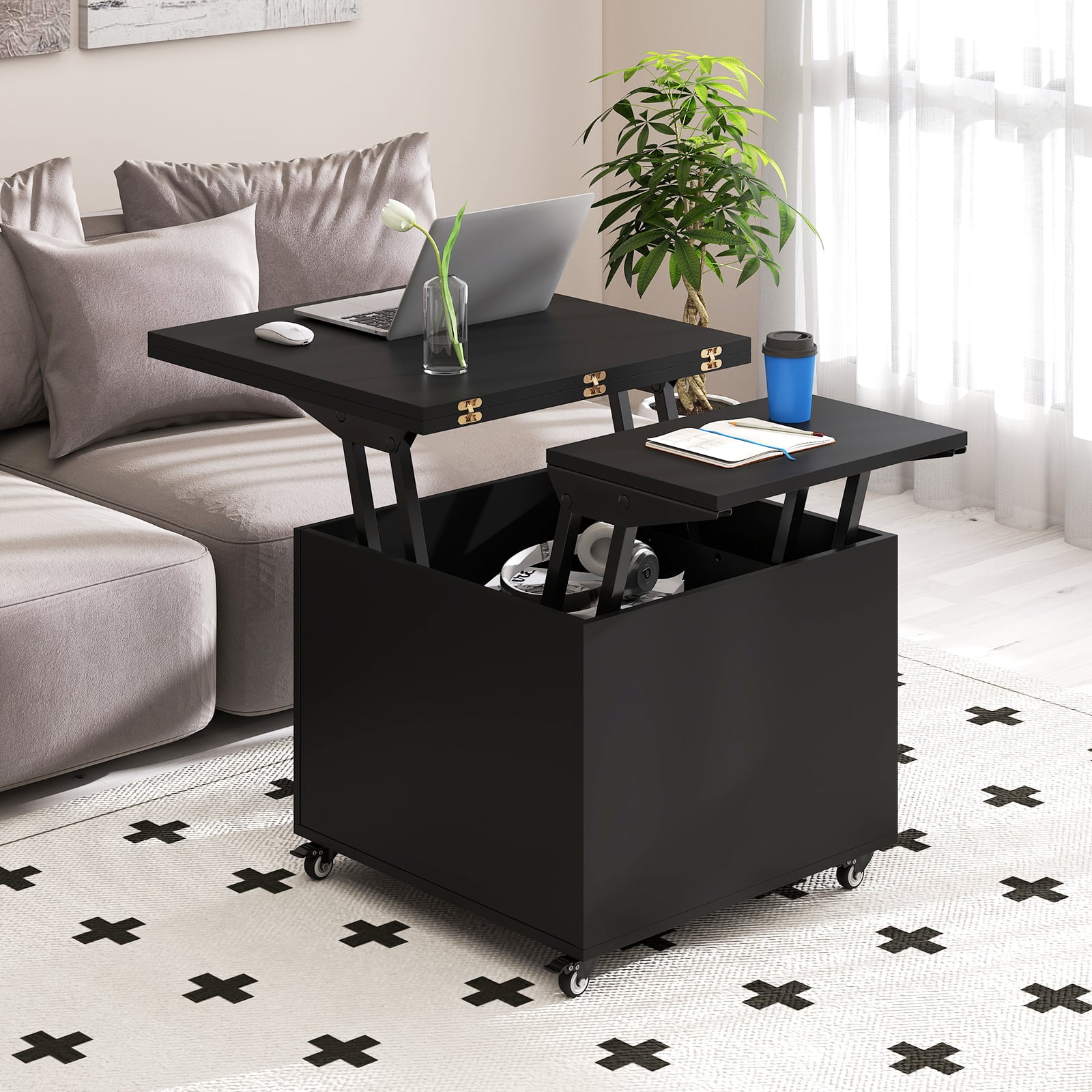 Couchtisch mit Höhenverstellbarer Platte 3-in-1 klappbarer Esstisch mit verstecktem Stauraum Schwarz