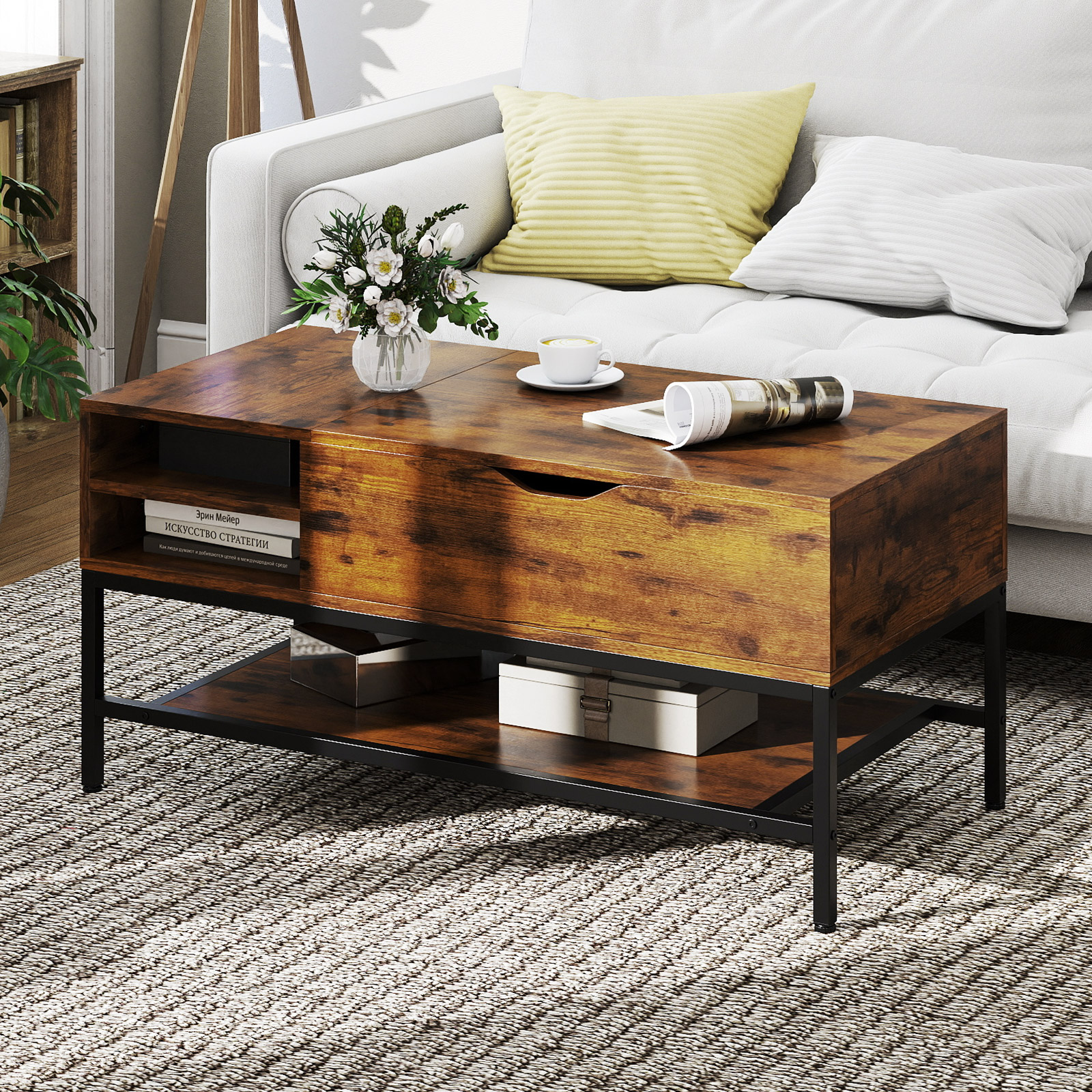 Couchtisch mit höhenverstellbare Tischplatte Wohnzimmertisch mit verstecktem Fach Holz Sofatisch mit Ablagefach Braun