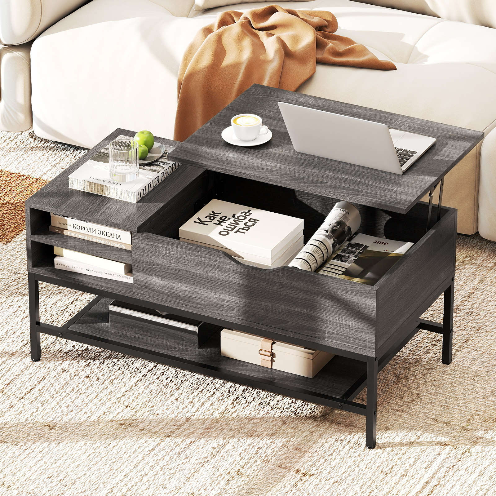 Höhenverstellbarer Couchtisch mit Offenem Fach & Ablagefach Kaffeetisch Sofatisch Grau