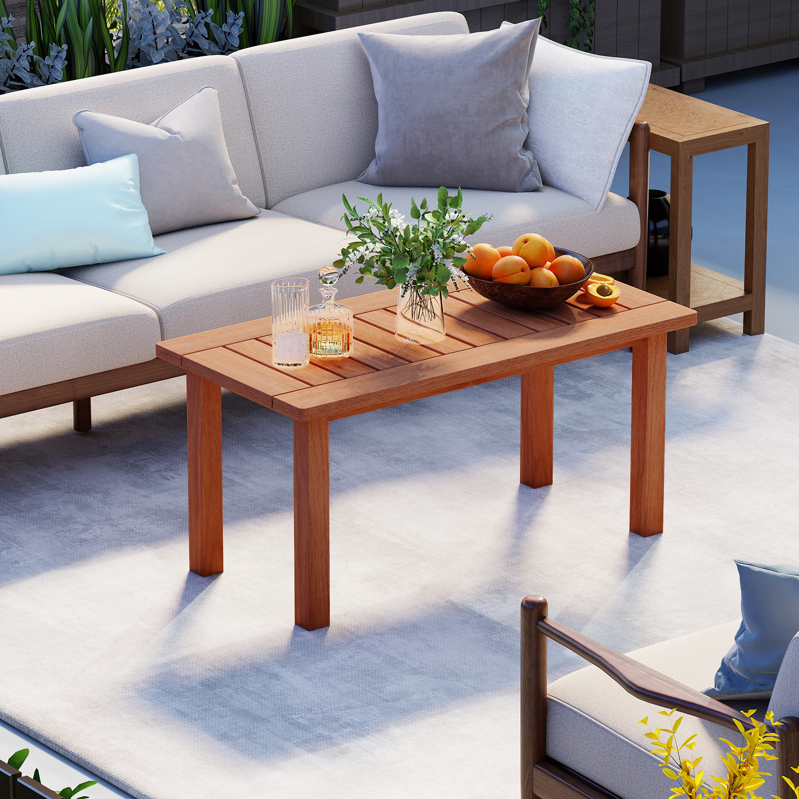 Couchtisch rechteckiger Kaffeetisch aus Holz mit Lattenrost-Tischplatte Indoor Natur 90 x 45 x 43,5cm