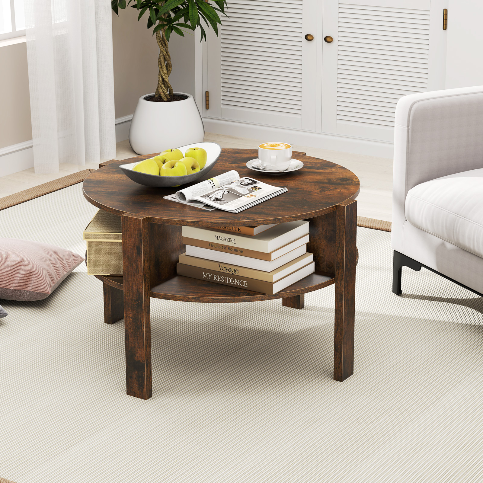 Couchtisch Rund mit Stauraum Wohnzimmertisch Holz mit 4 Regalen Kaffeetisch Beistelltisch für Wohnzimmer Braun