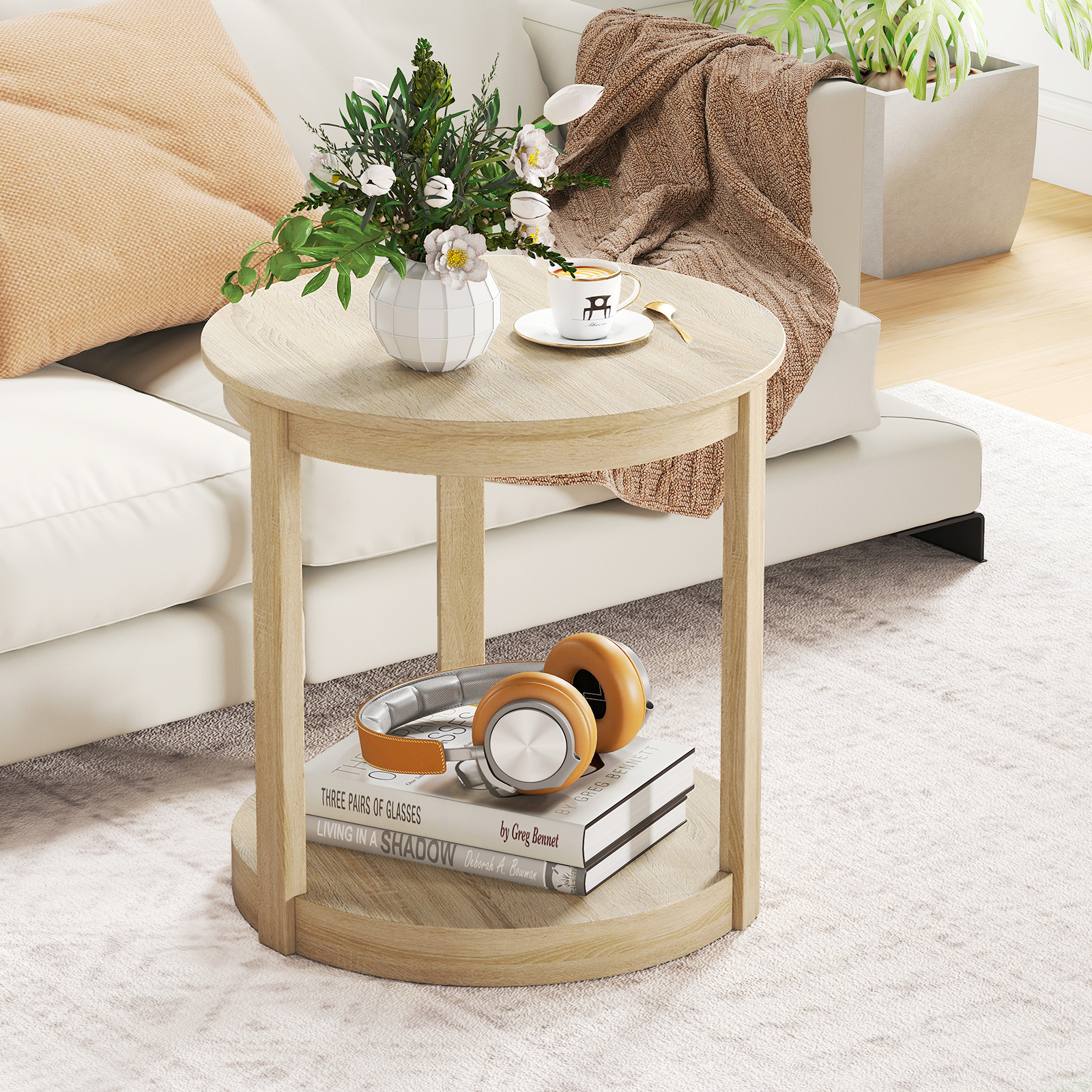 Couchtisch rund Wohnzimmertisch mit 2 Ebenen Sofatisch Gummiholz Kafeetisch Beistelltisch im Landhaus Eiche