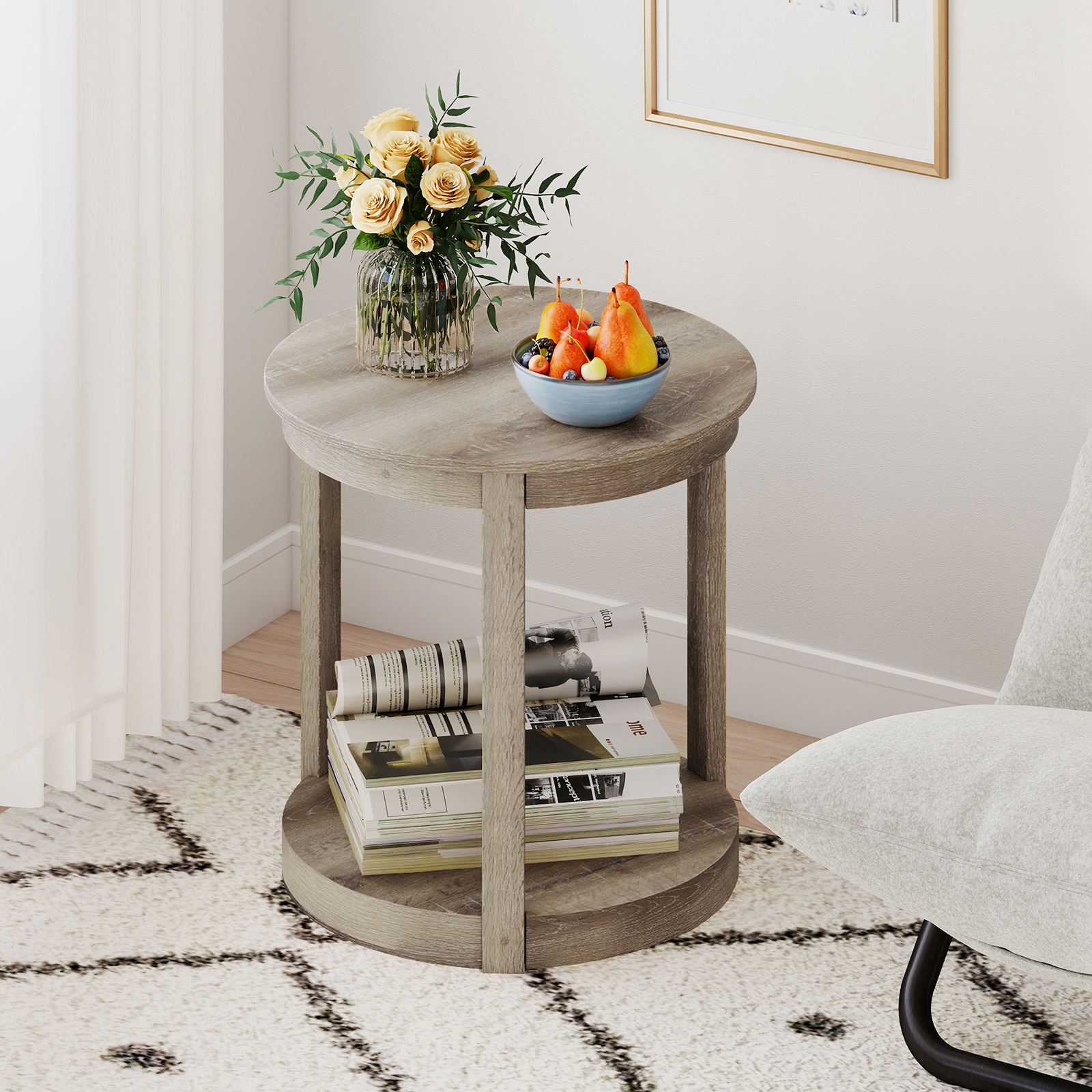 Couchtisch rund Wohnzimmertisch mit 2 Ebenen Sofatisch Gummiholz Kafeetisch Beistelltisch im Landhaus Grau