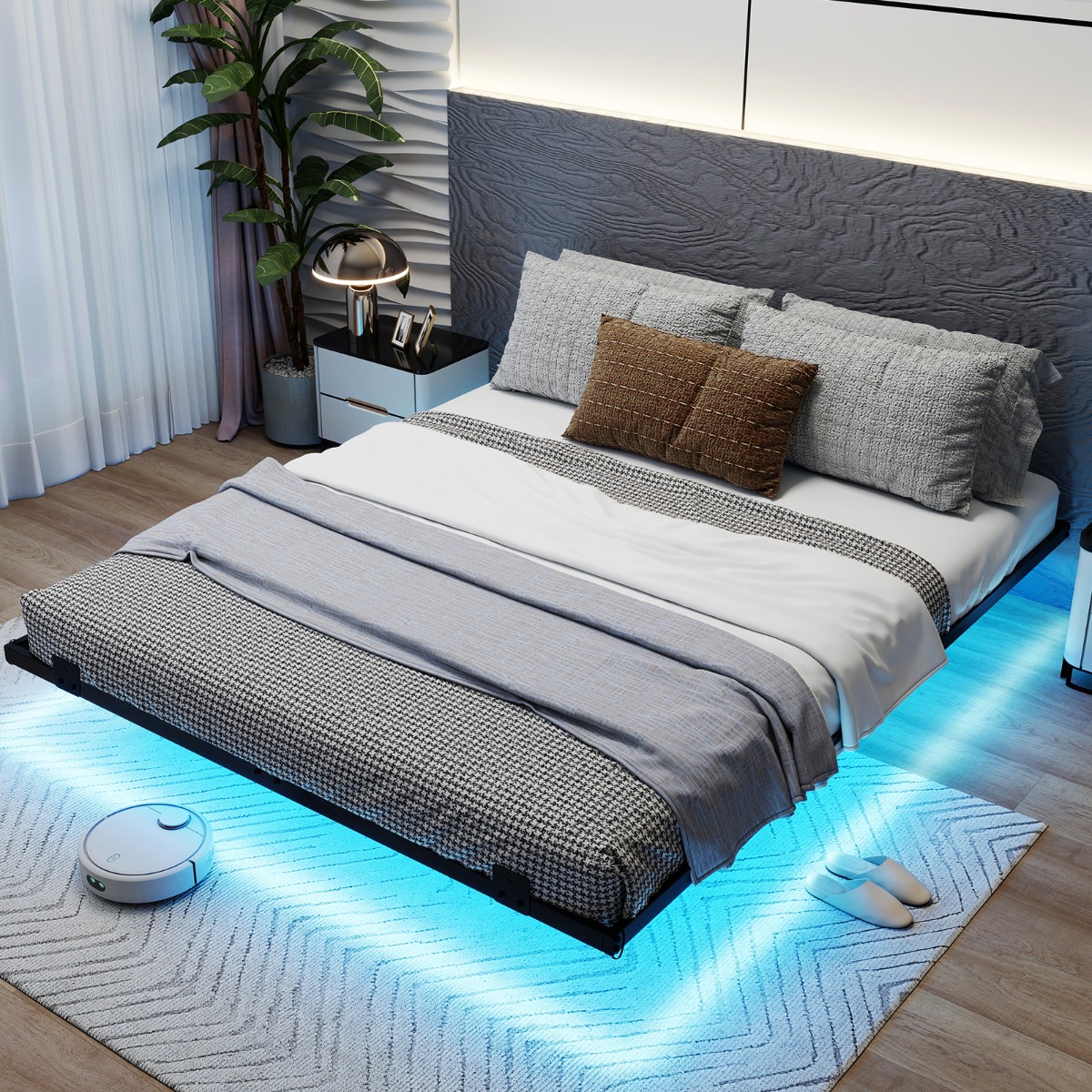 Queen Size Schwebebettgestell mit LED-Leuchten modernes Bettgestell aus Metall 160 x 200 cm