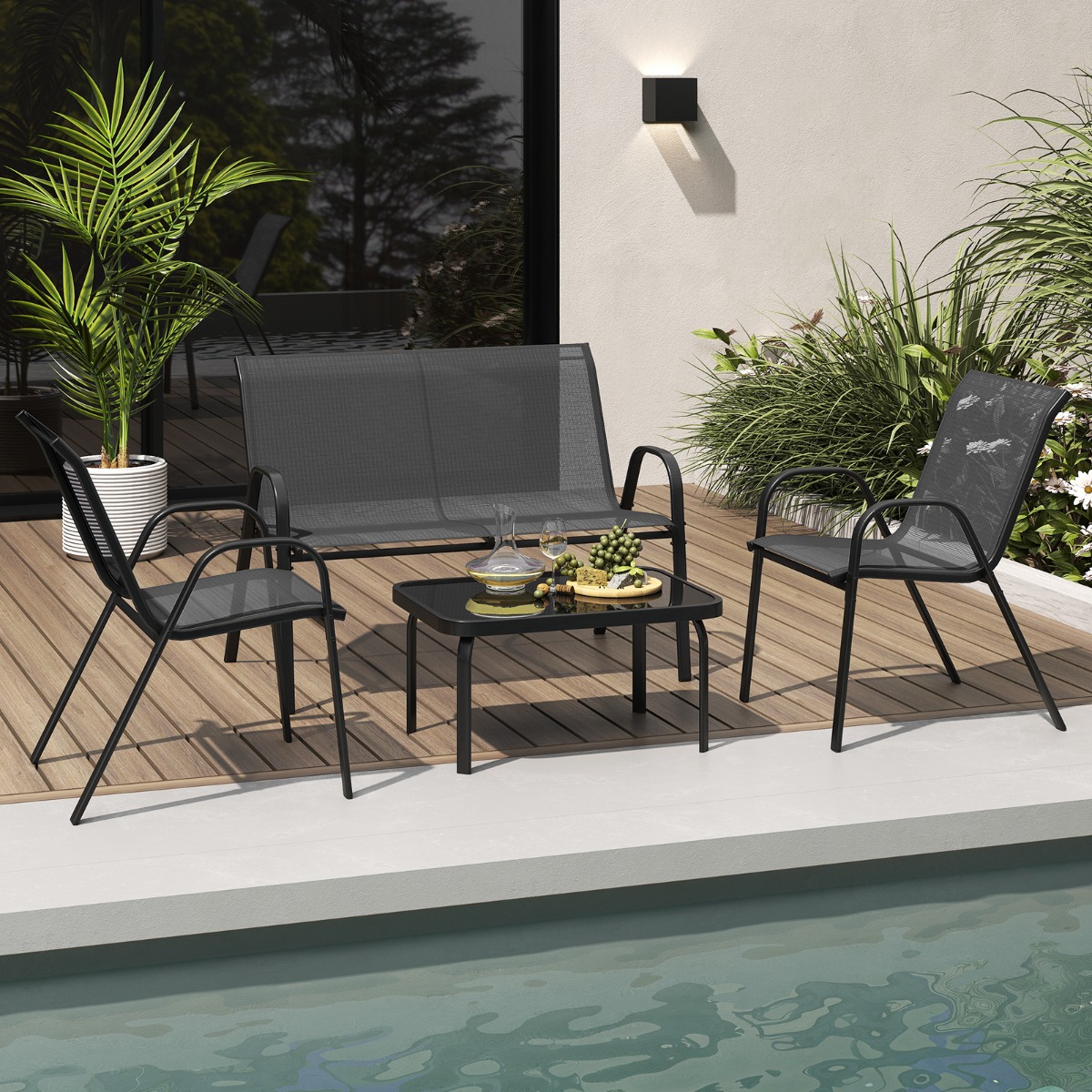 4-teiliges Patio Metallstuhl-Set Modernes Stuhlund Tisch-Set mit Stoffbezug Tischplatte aus gehärtetem Glas Grau