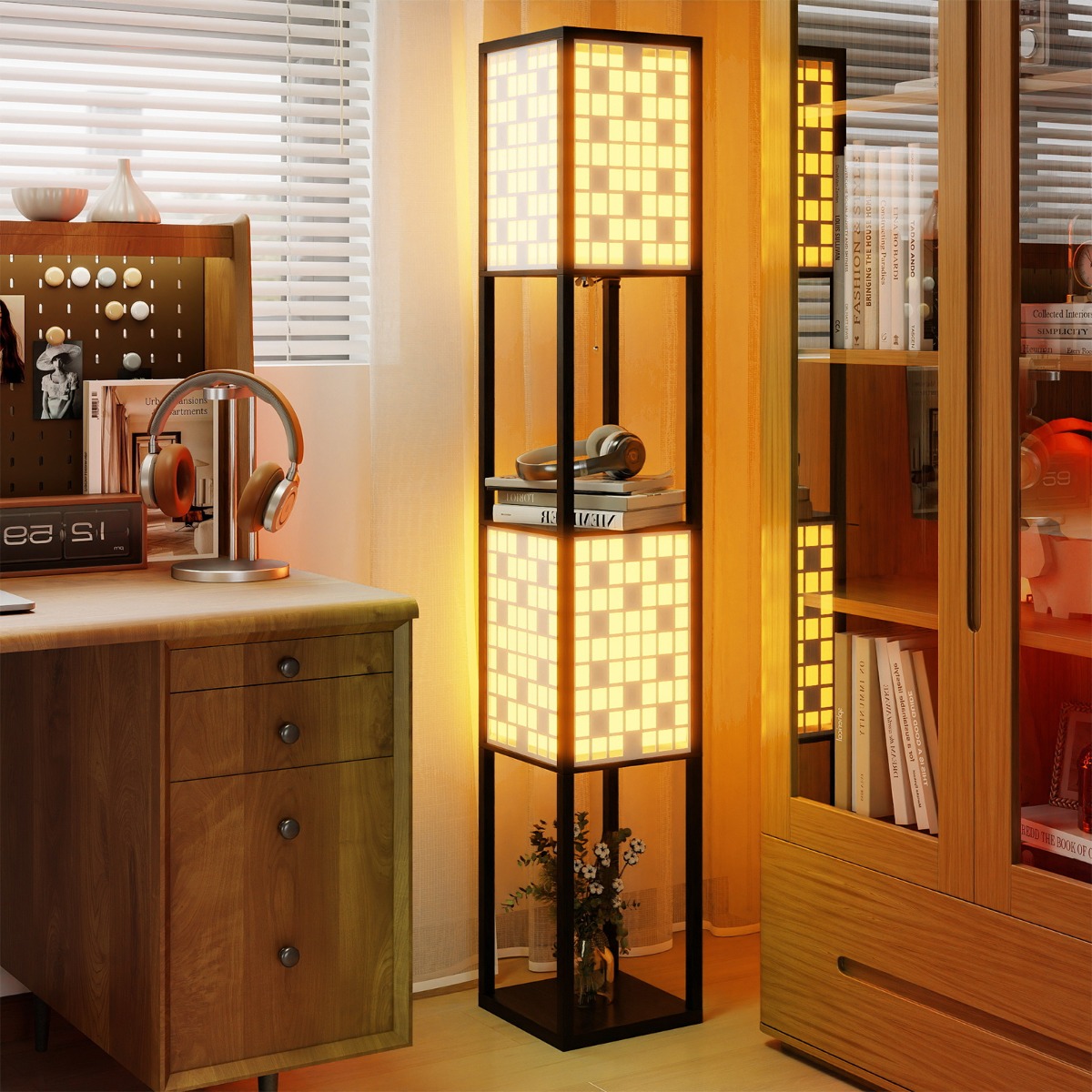 2-Flammige Stehleuchte mit 2 Regalen & Fußschalter Stehlampe Holzregal-Lampe