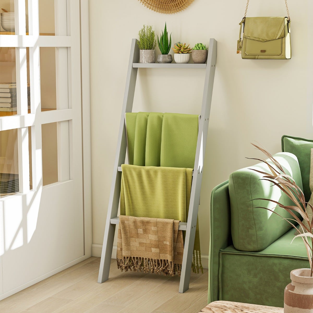 Handtuchhalter 4-Stöckige Deckenleiter aus Holz 50 x 7,5 x 136,7 cm Grau