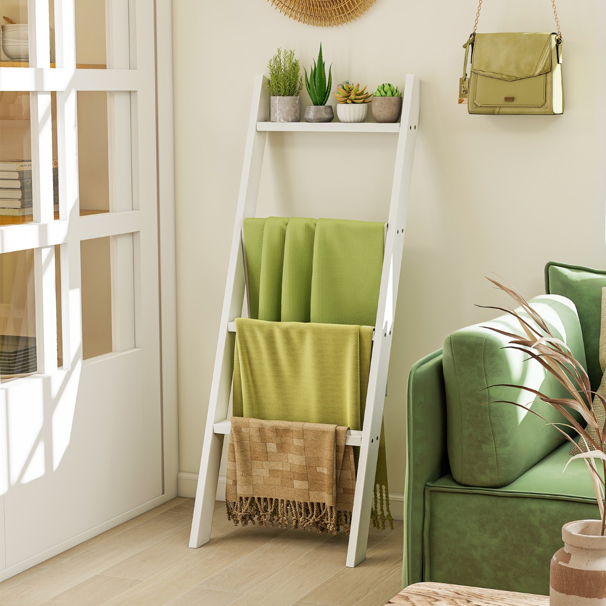 Handtuchhalter 4-Stöckige Deckenleiter aus Holz 50 x 7,5 x 137 cm Weiß