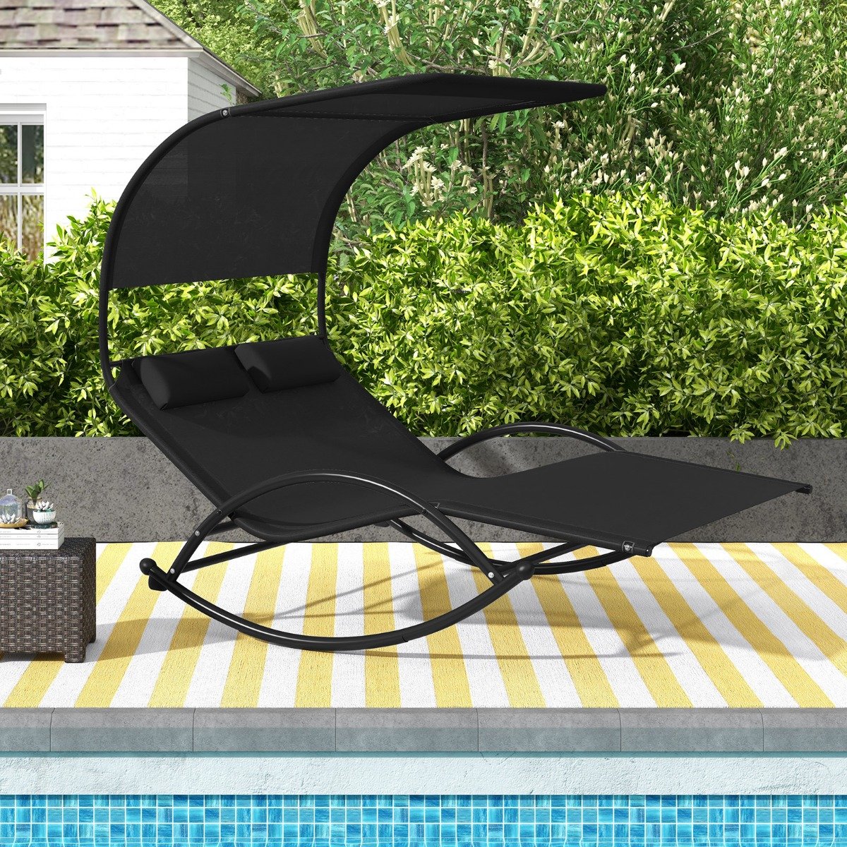 Sonnenliege für 2 Personen Doppelliege mit Dach und 2 abnehmbaren Kopfstützen 182 x 137 x 165 cm Schwarz