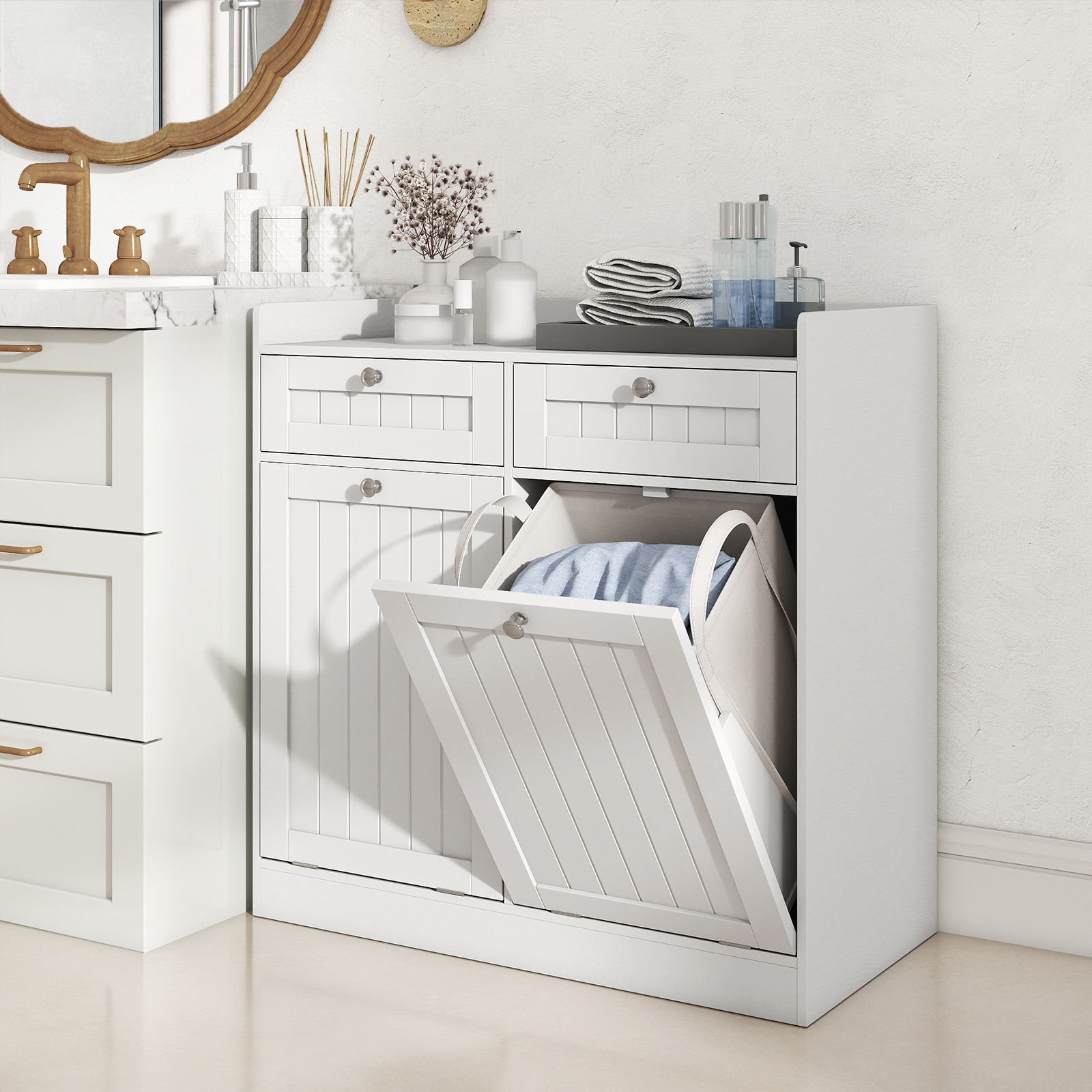 Doppel-kippbarer Wäscheschrank mit Regal & 2 Schubladen & 2 Abnehmbaren Wäschesäcken Weiß