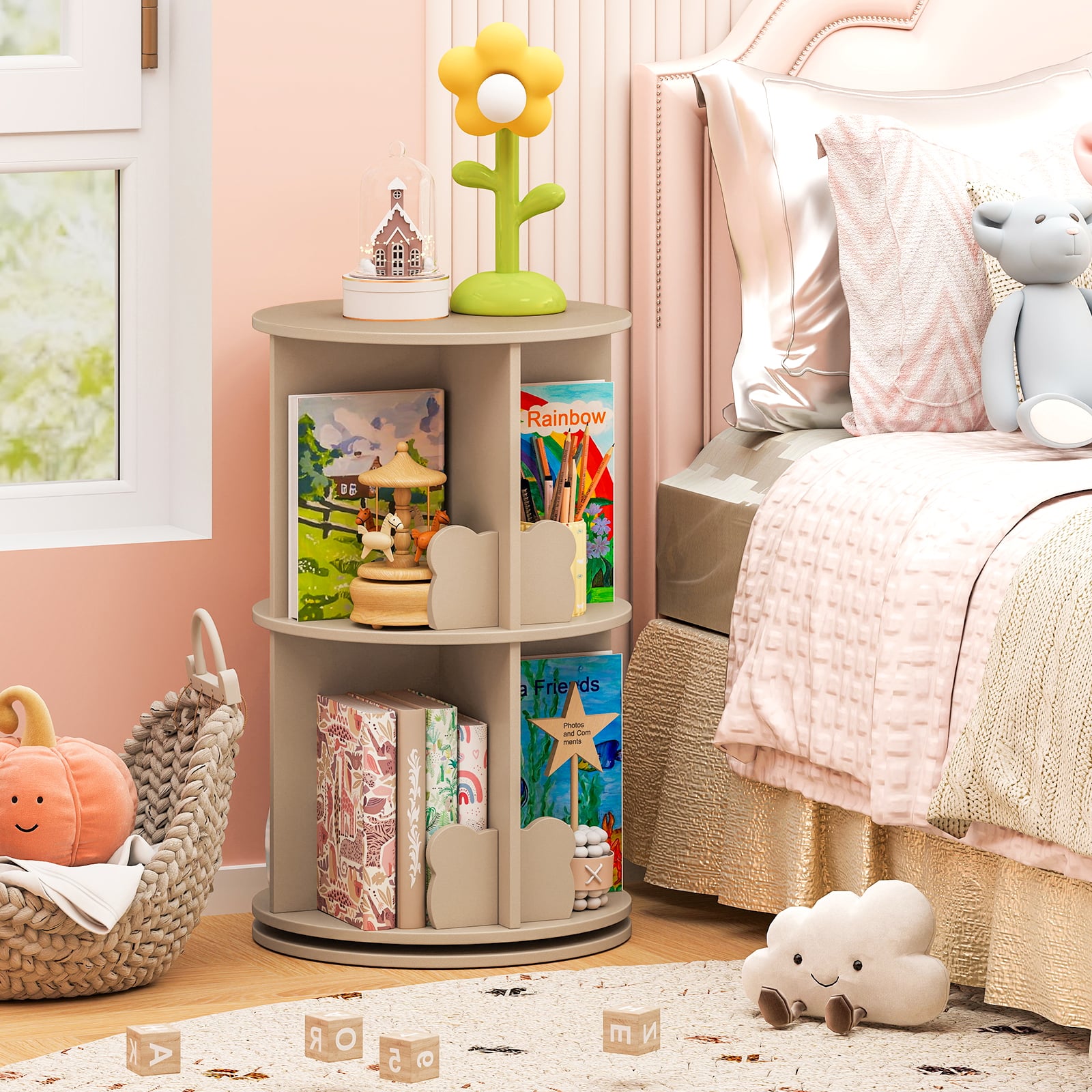 Drehrbares Bücherregal Kinder Kinderregal mit 2 Ebenen & Hasen-Trennwänden 360 Grad 40 x 40 x 65cm Kaffee