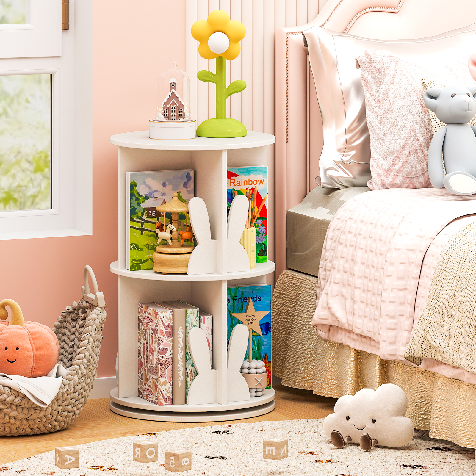 Drehrbares Bücherregal Kinder Kinderregal mit 2 Ebenen & Hasen-Trennwänden 360 Grad 40 x 40 x 65cm Weiß